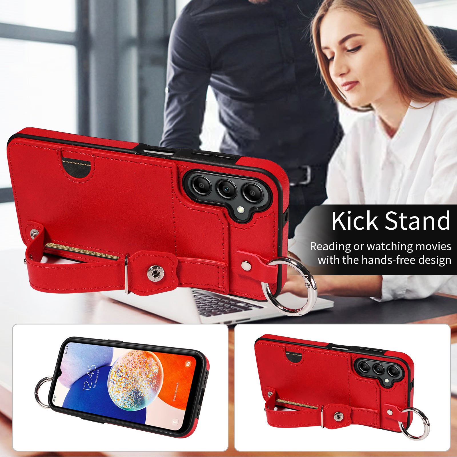 008 For Samsung Galaxy A14 5G / 4G Case Kickstand Leather TPU Phone Cover with Wrist Strap - Red