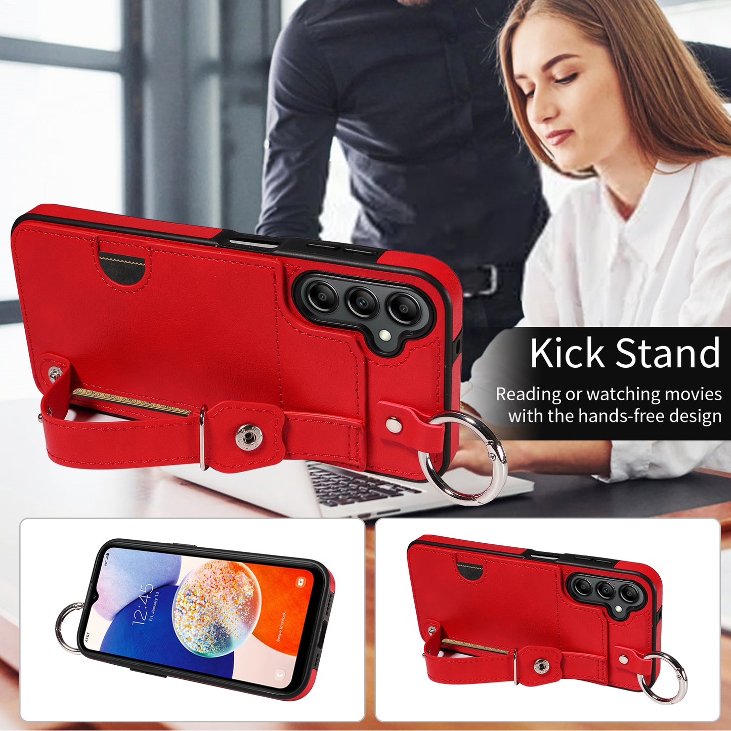 008 For Samsung Galaxy A14 5G / 4G Case Kickstand Leather TPU Phone Cover with Wrist Strap - Red