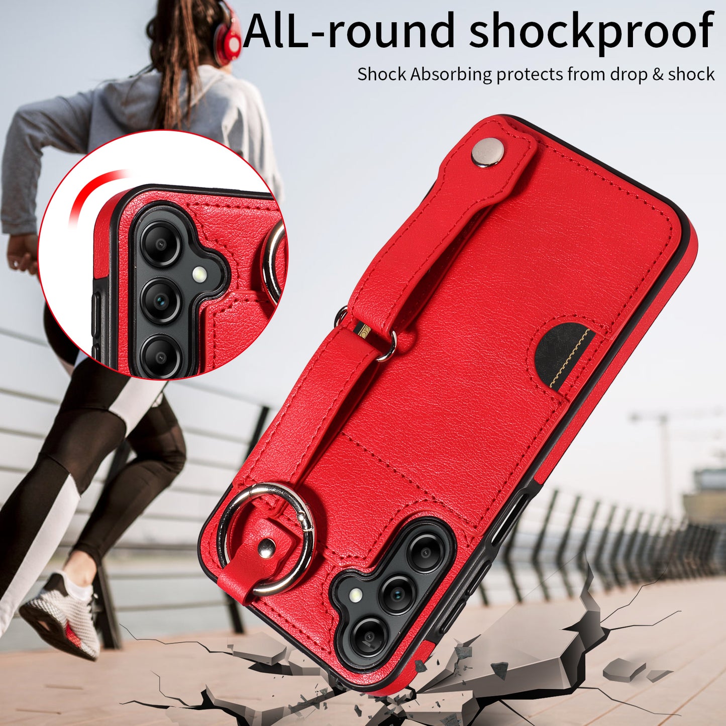 008 For Samsung Galaxy A14 5G / 4G Case Kickstand Leather TPU Phone Cover with Wrist Strap - Red