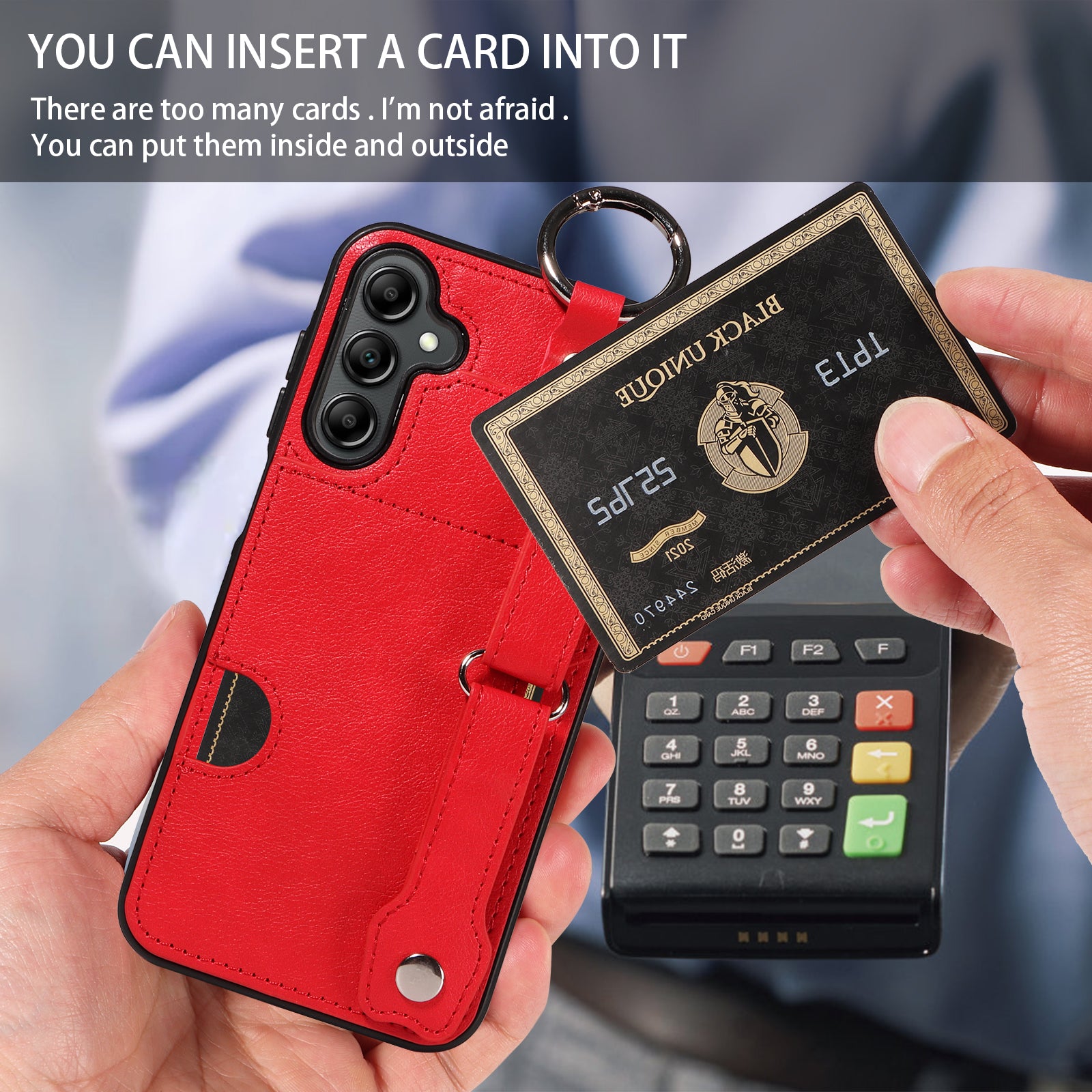 008 For Samsung Galaxy A14 5G / 4G Case Kickstand Leather TPU Phone Cover with Wrist Strap - Red