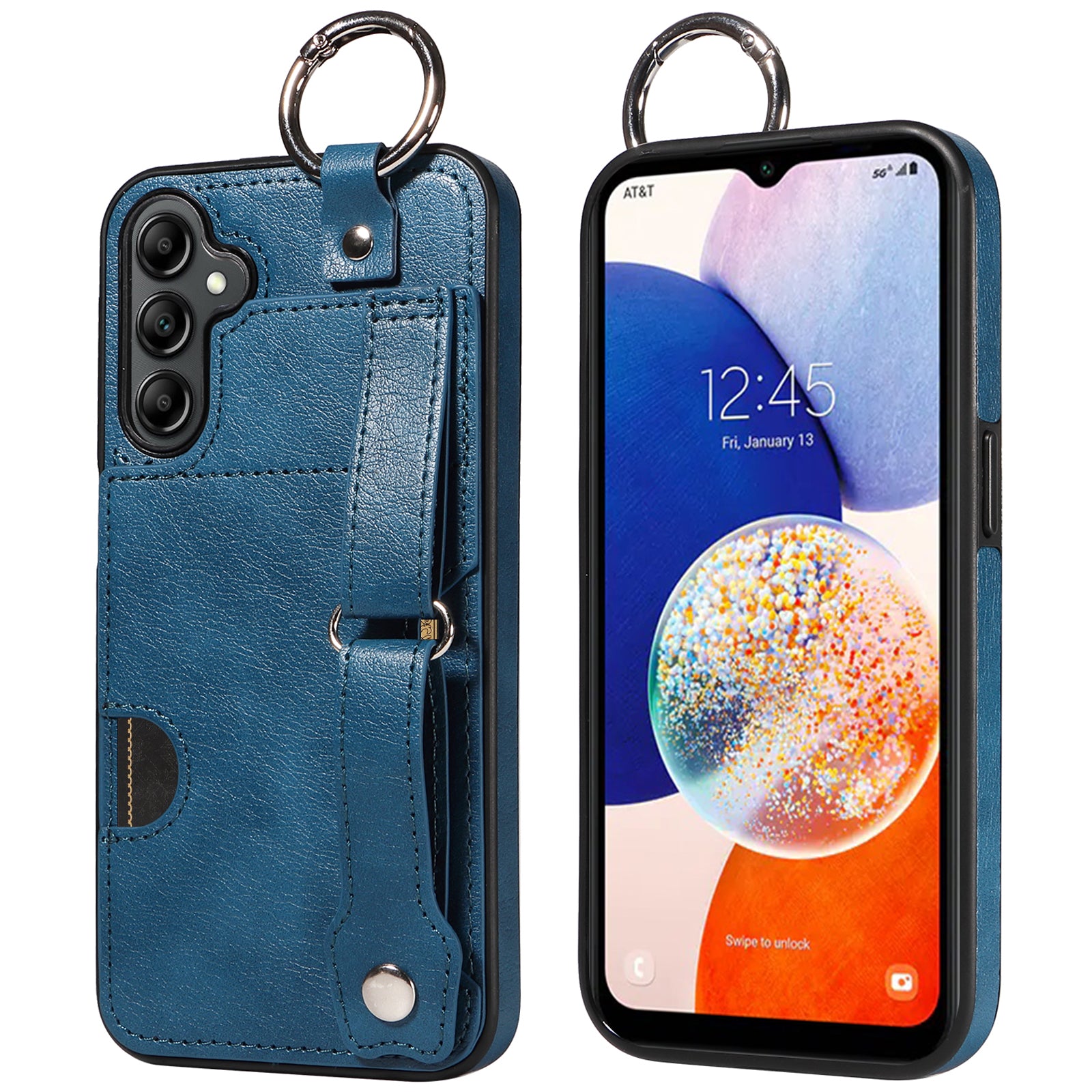 008 For Samsung Galaxy A14 5G / 4G Case Kickstand Leather TPU Phone Cover with Wrist Strap - Blue