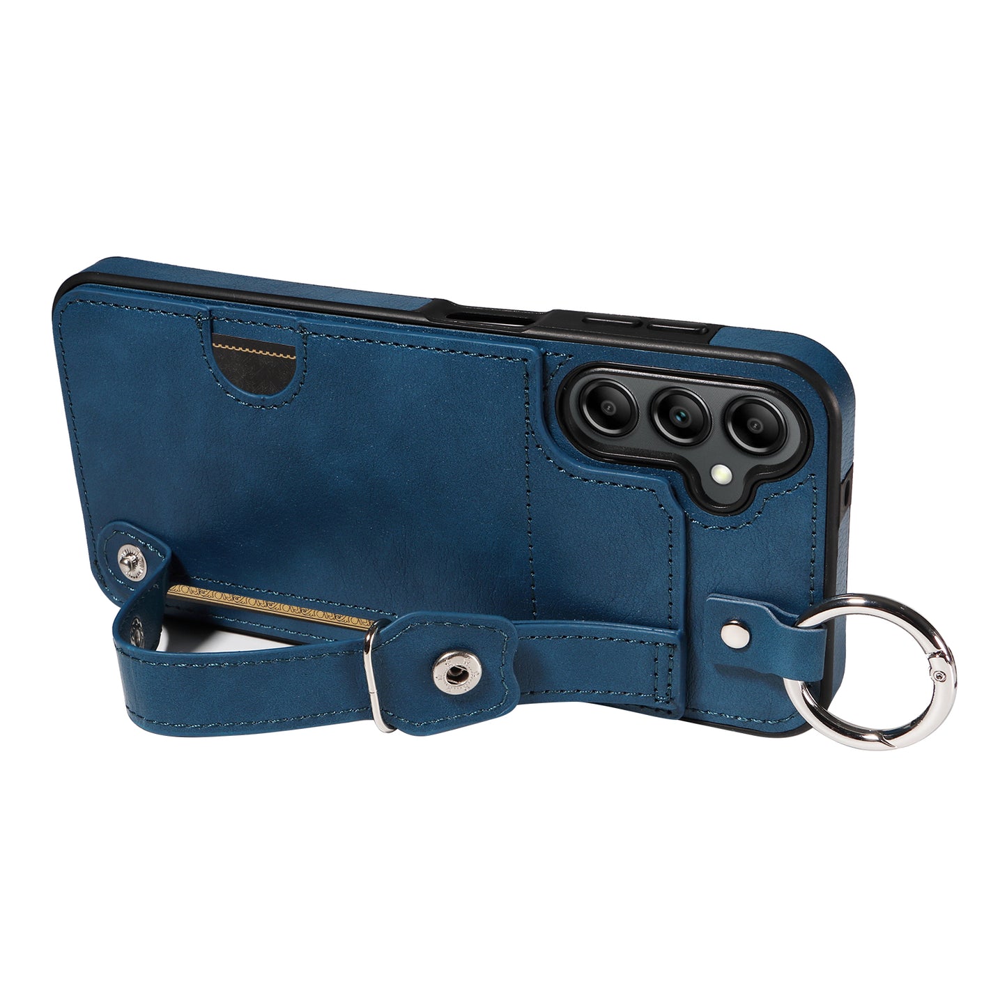 008 For Samsung Galaxy A14 5G / 4G Case Kickstand Leather TPU Phone Cover with Wrist Strap - Blue