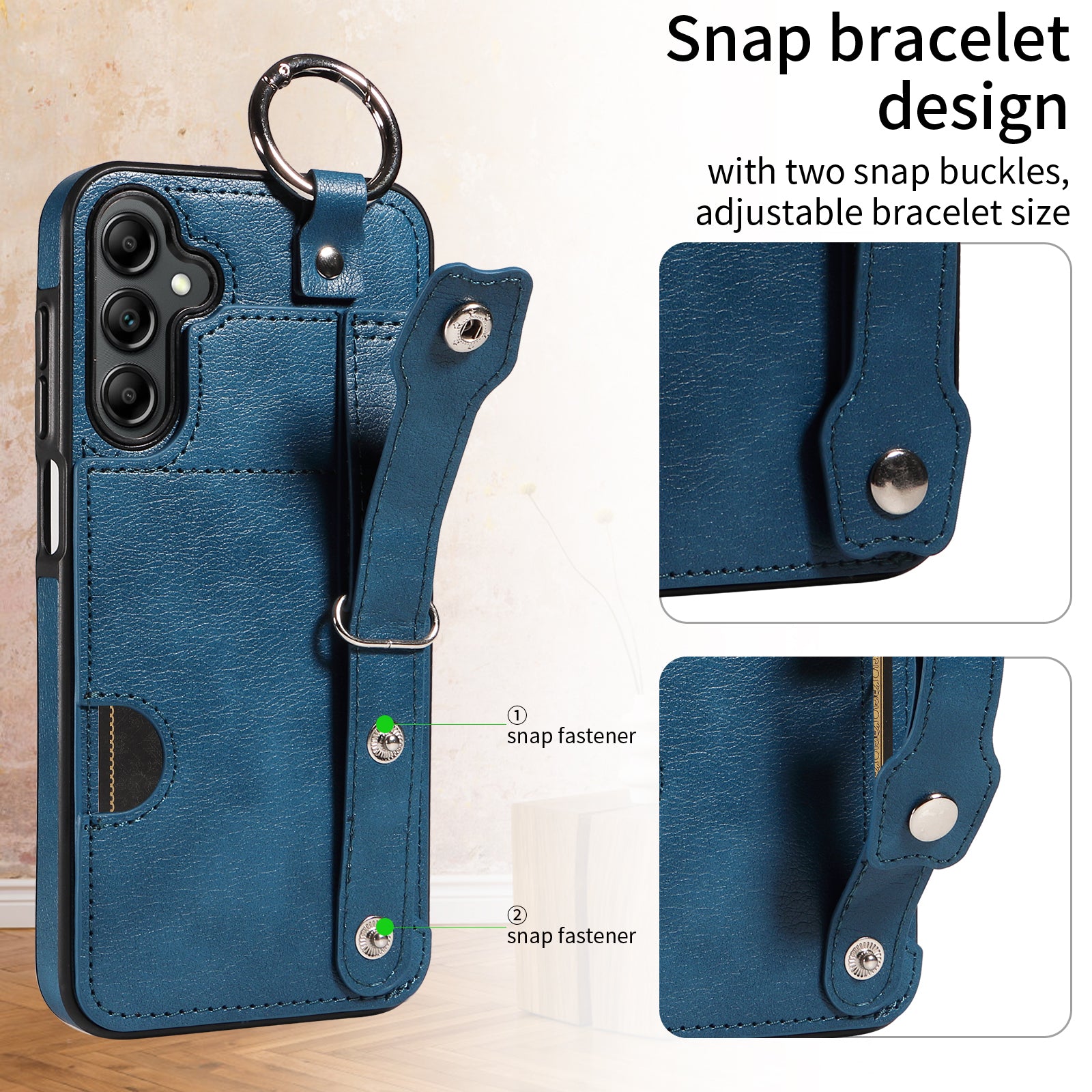 008 For Samsung Galaxy A14 5G / 4G Case Kickstand Leather TPU Phone Cover with Wrist Strap - Blue