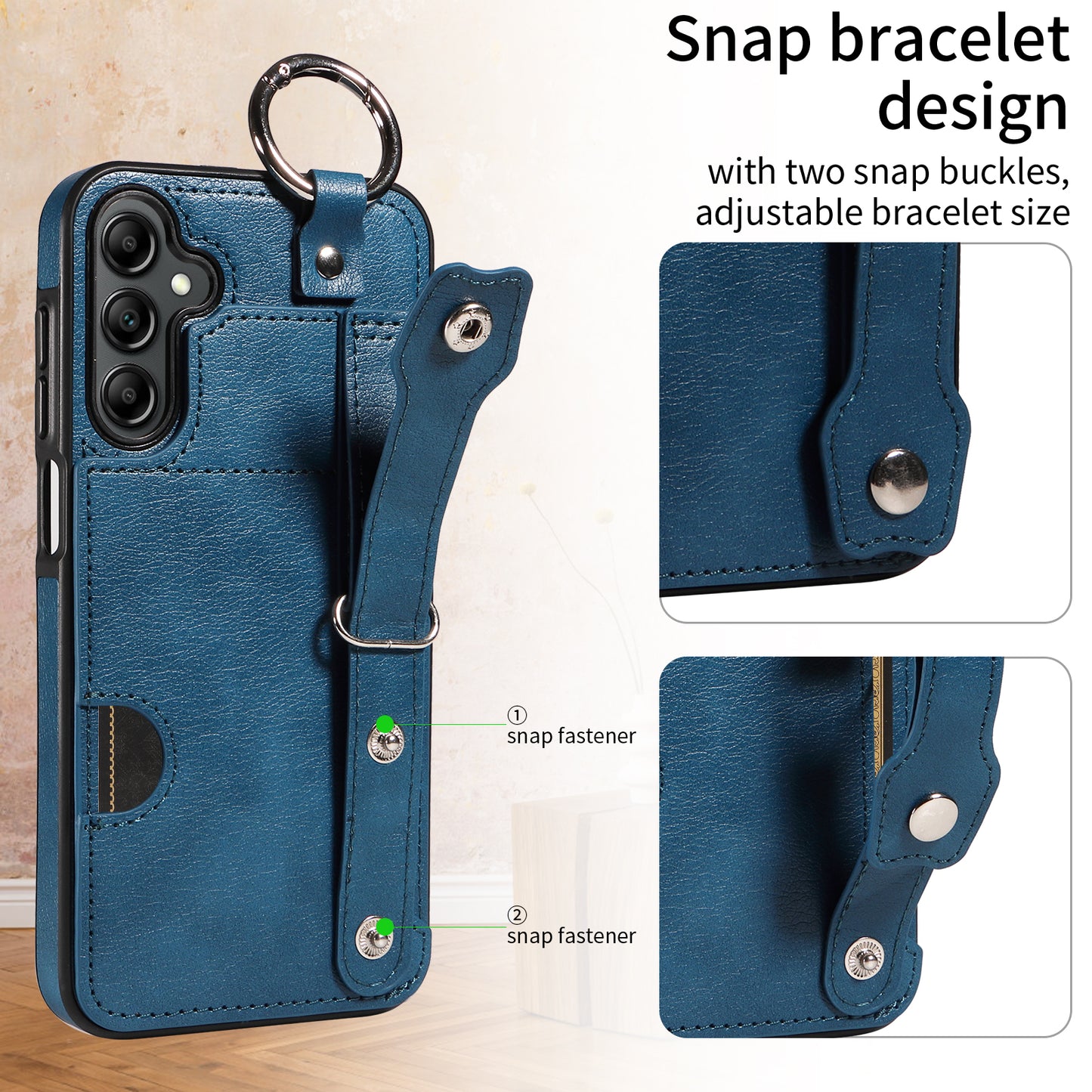008 For Samsung Galaxy A14 5G / 4G Case Kickstand Leather TPU Phone Cover with Wrist Strap - Blue