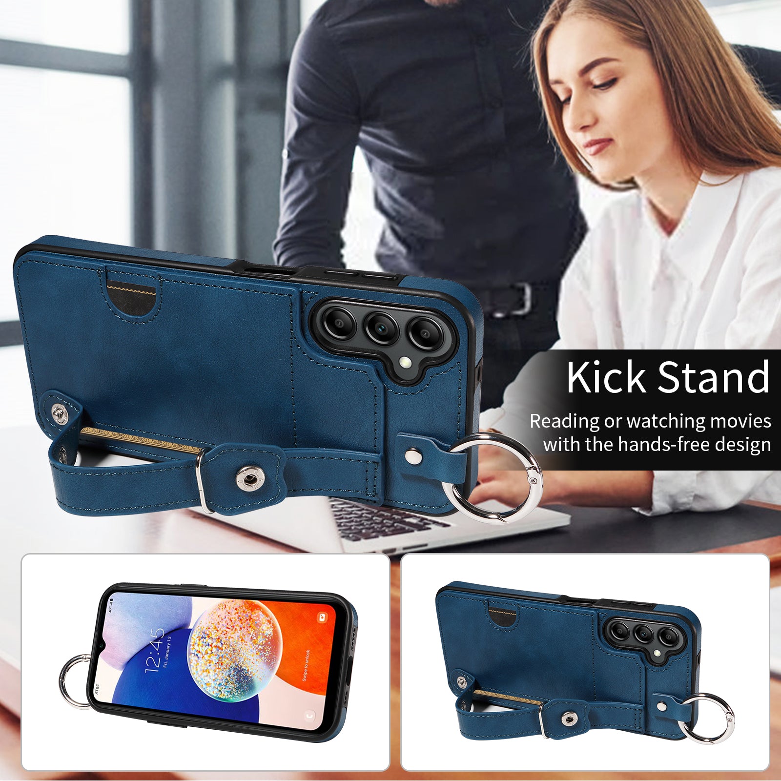 008 For Samsung Galaxy A14 5G / 4G Case Kickstand Leather TPU Phone Cover with Wrist Strap - Blue