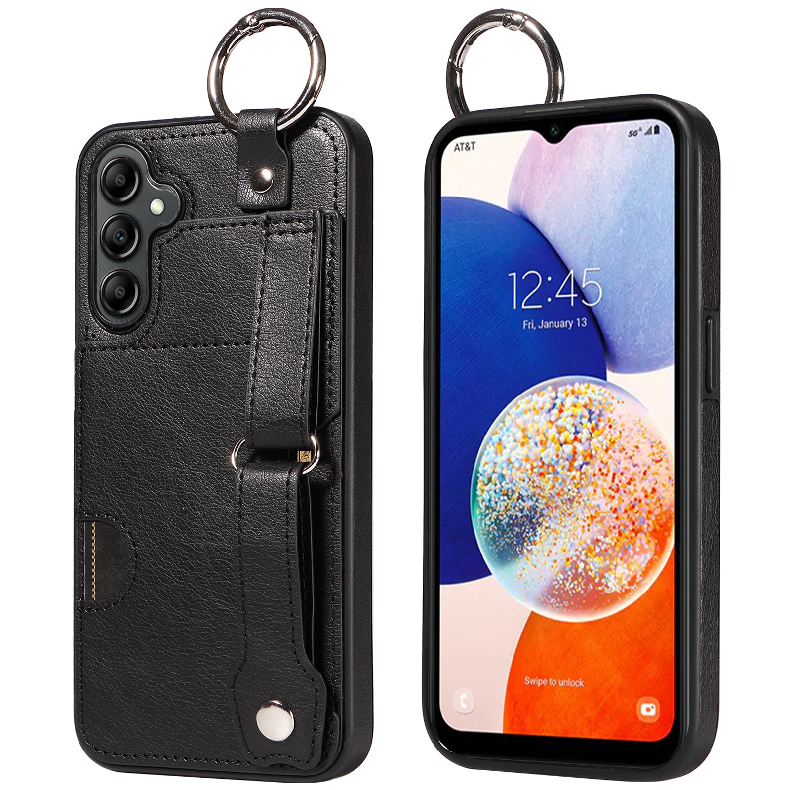 008 For Samsung Galaxy A14 5G / 4G Case Kickstand Leather TPU Phone Cover with Wrist Strap - Black