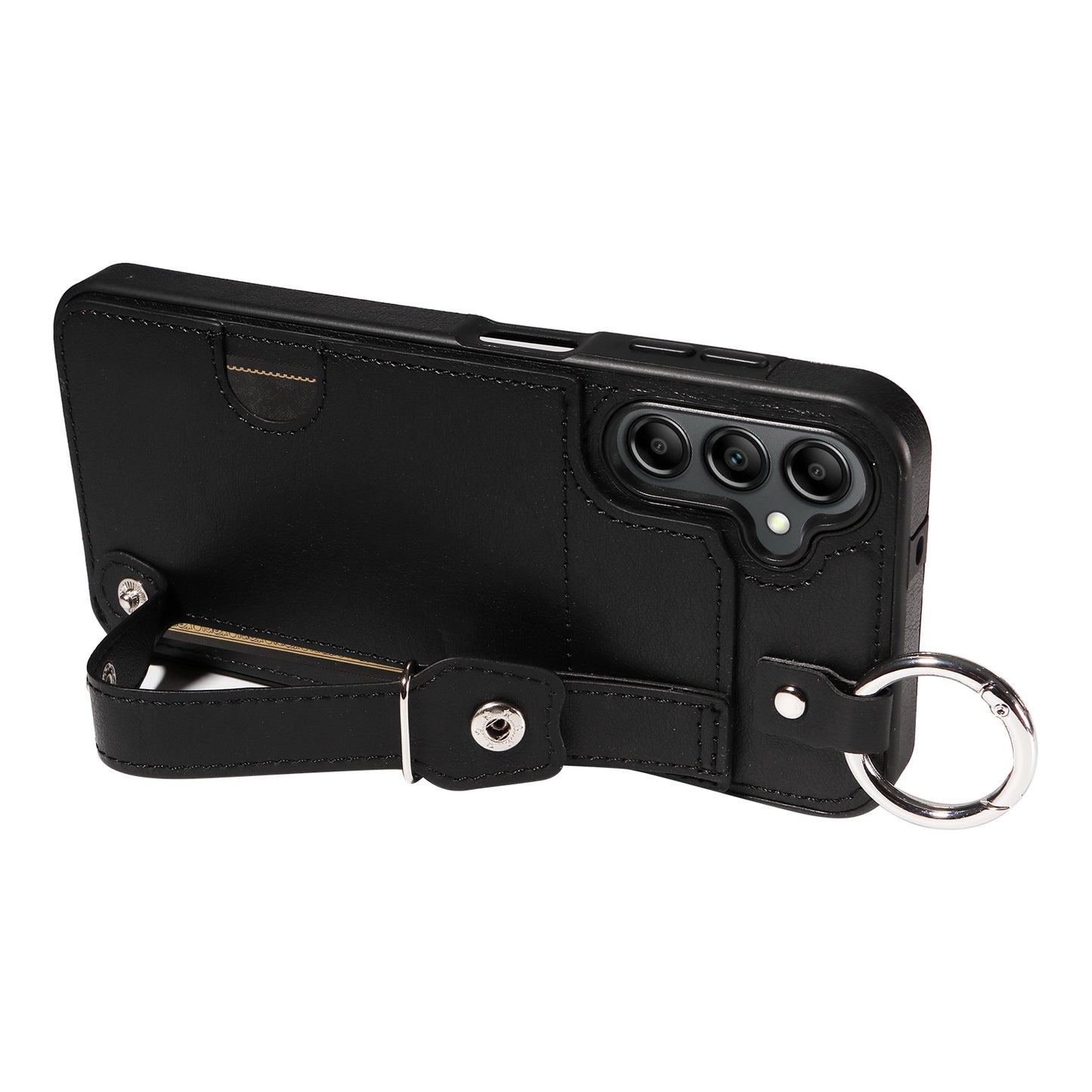008 For Samsung Galaxy A14 5G / 4G Case Kickstand Leather TPU Phone Cover with Wrist Strap - Black