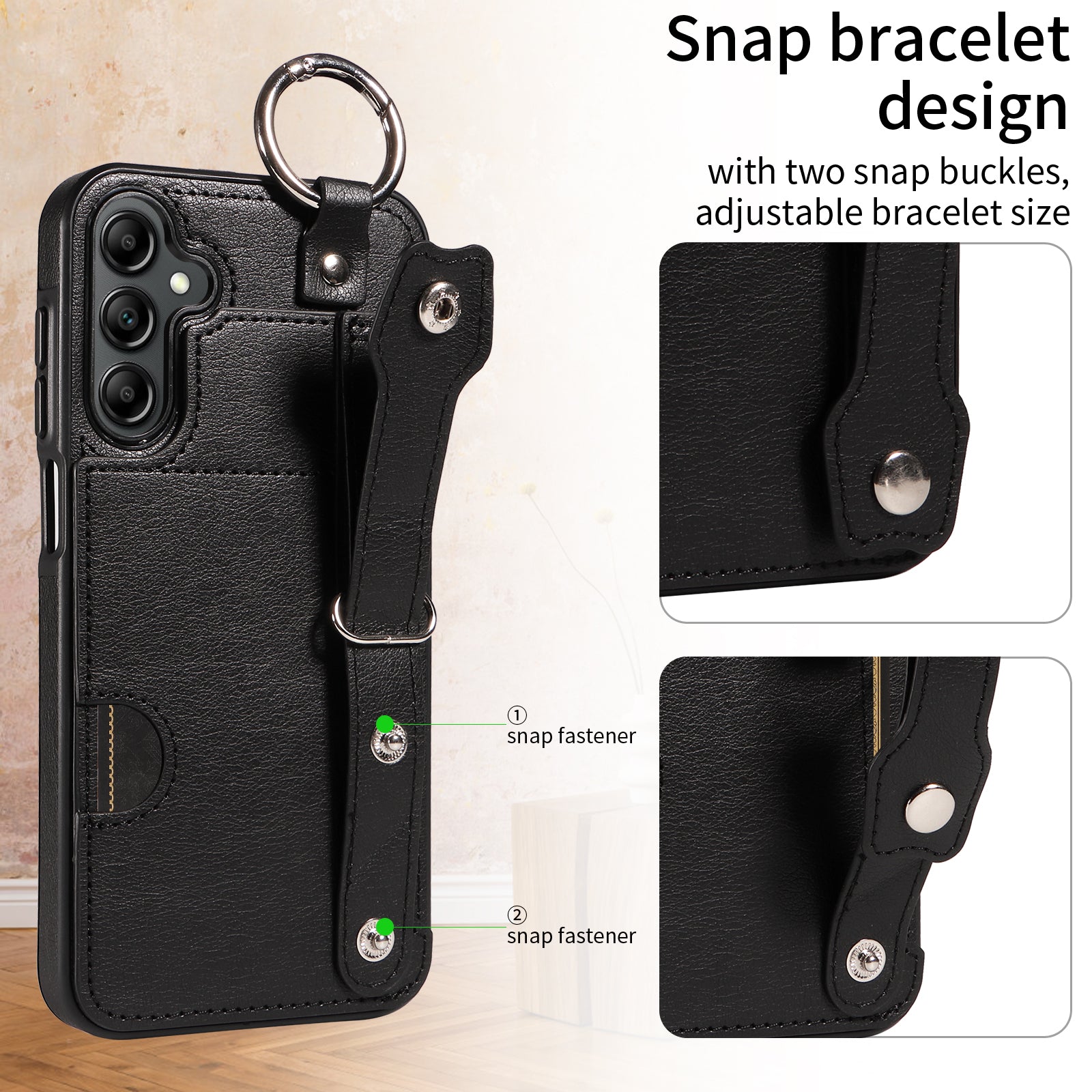 008 For Samsung Galaxy A14 5G / 4G Case Kickstand Leather TPU Phone Cover with Wrist Strap - Black