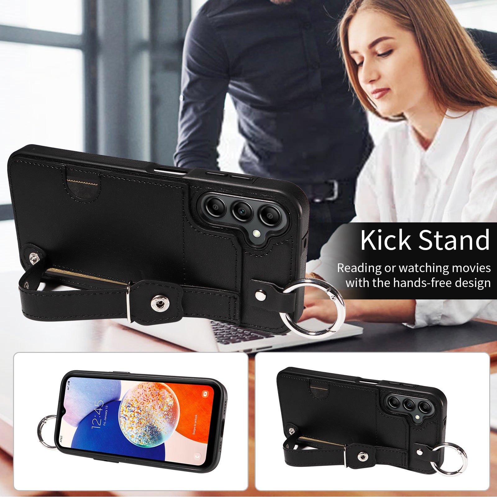 008 For Samsung Galaxy A14 5G / 4G Case Kickstand Leather TPU Phone Cover with Wrist Strap - Black