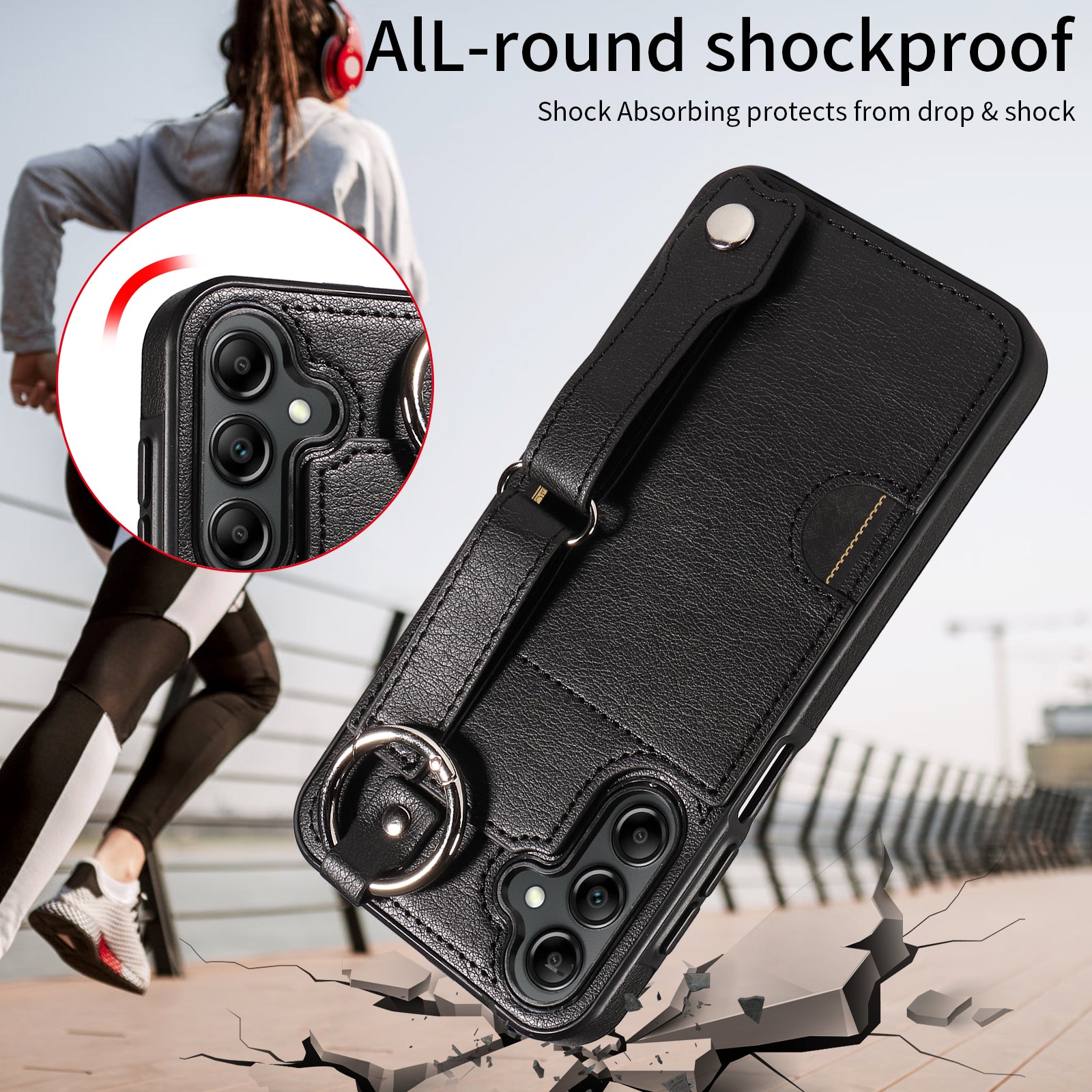 008 For Samsung Galaxy A14 5G / 4G Case Kickstand Leather TPU Phone Cover with Wrist Strap - Black