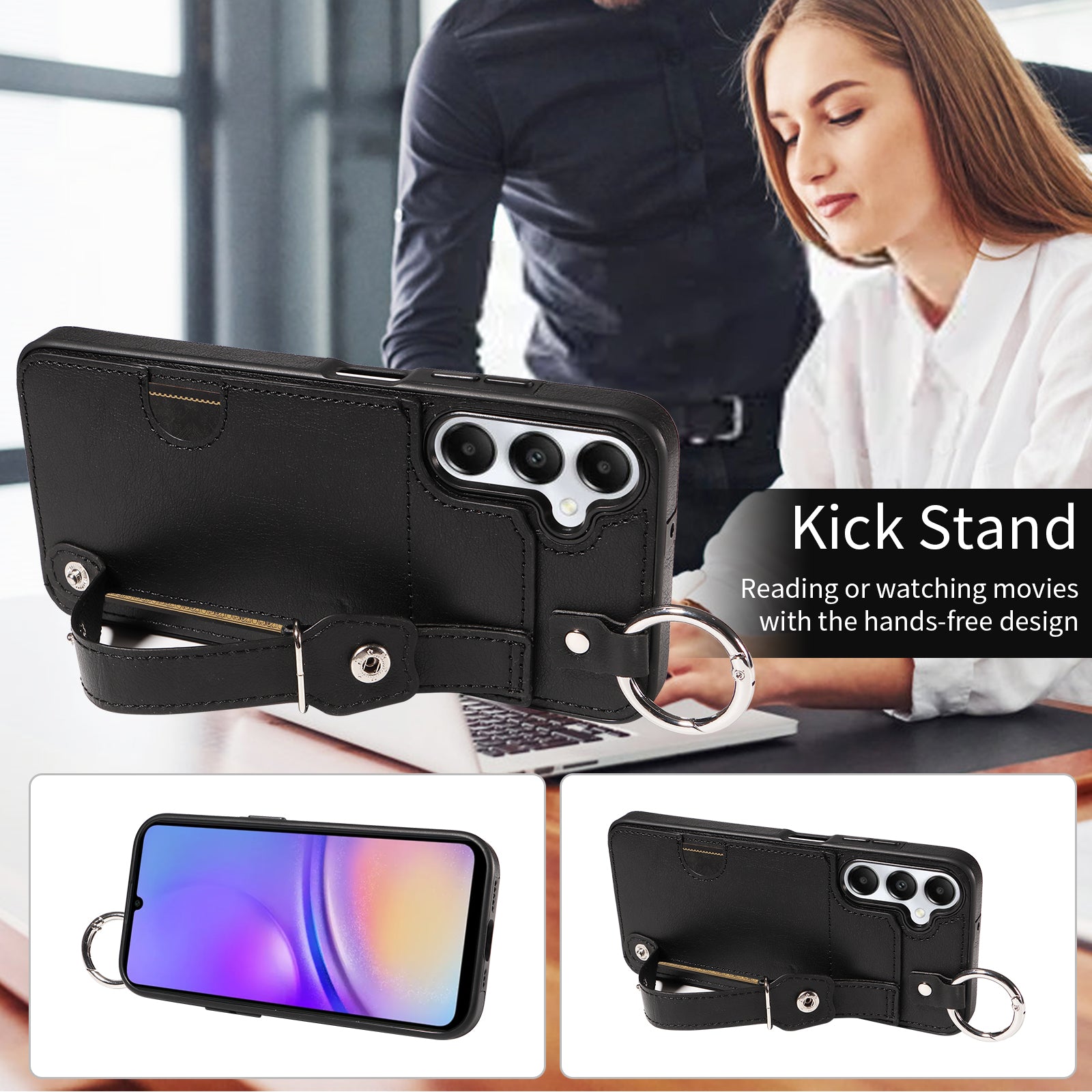 008 For Samsung Galaxy A05s 4G Case Calf Texture Leather+TPU Mobile Phone Cover - Black