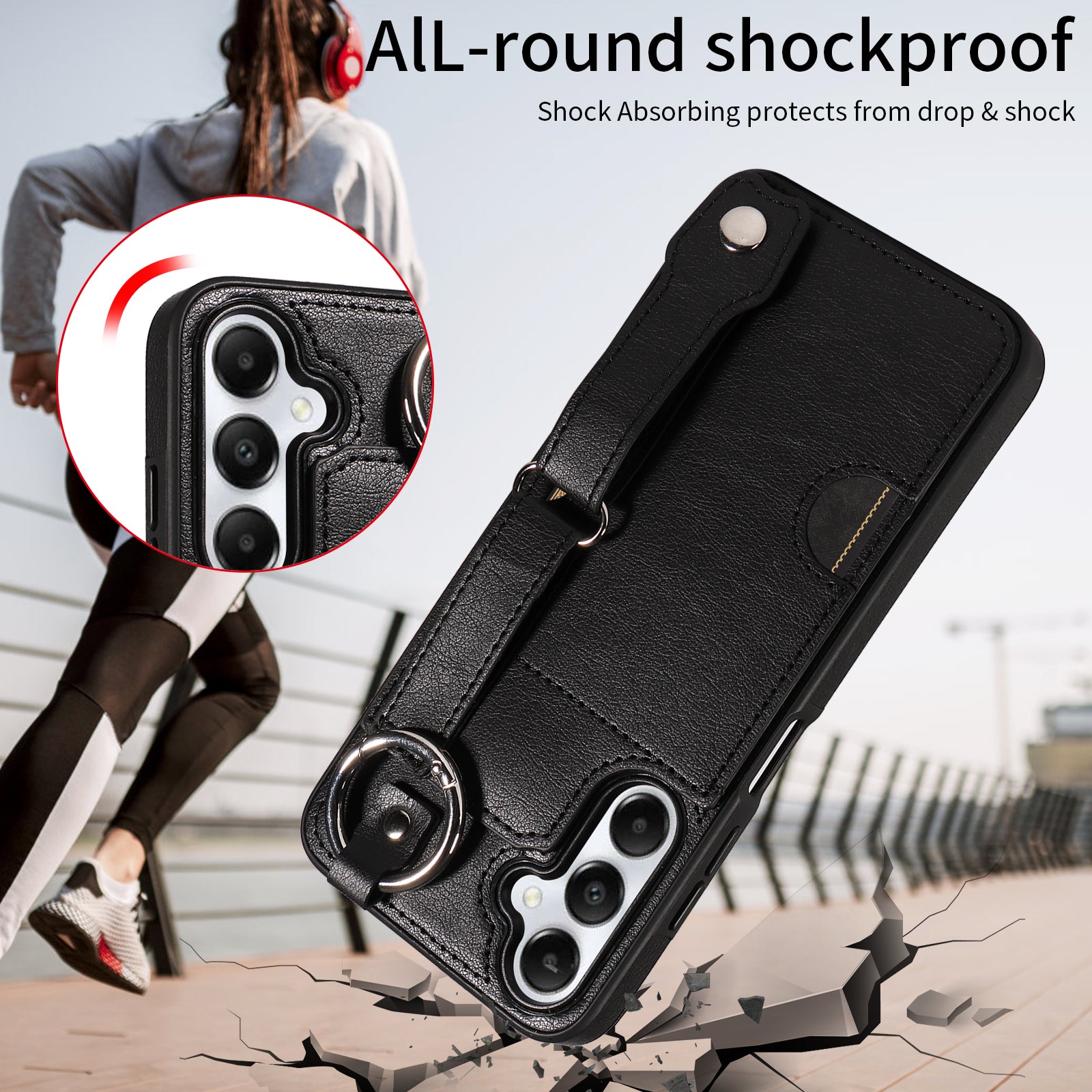 008 For Samsung Galaxy A05s 4G Case Calf Texture Leather+TPU Mobile Phone Cover - Black
