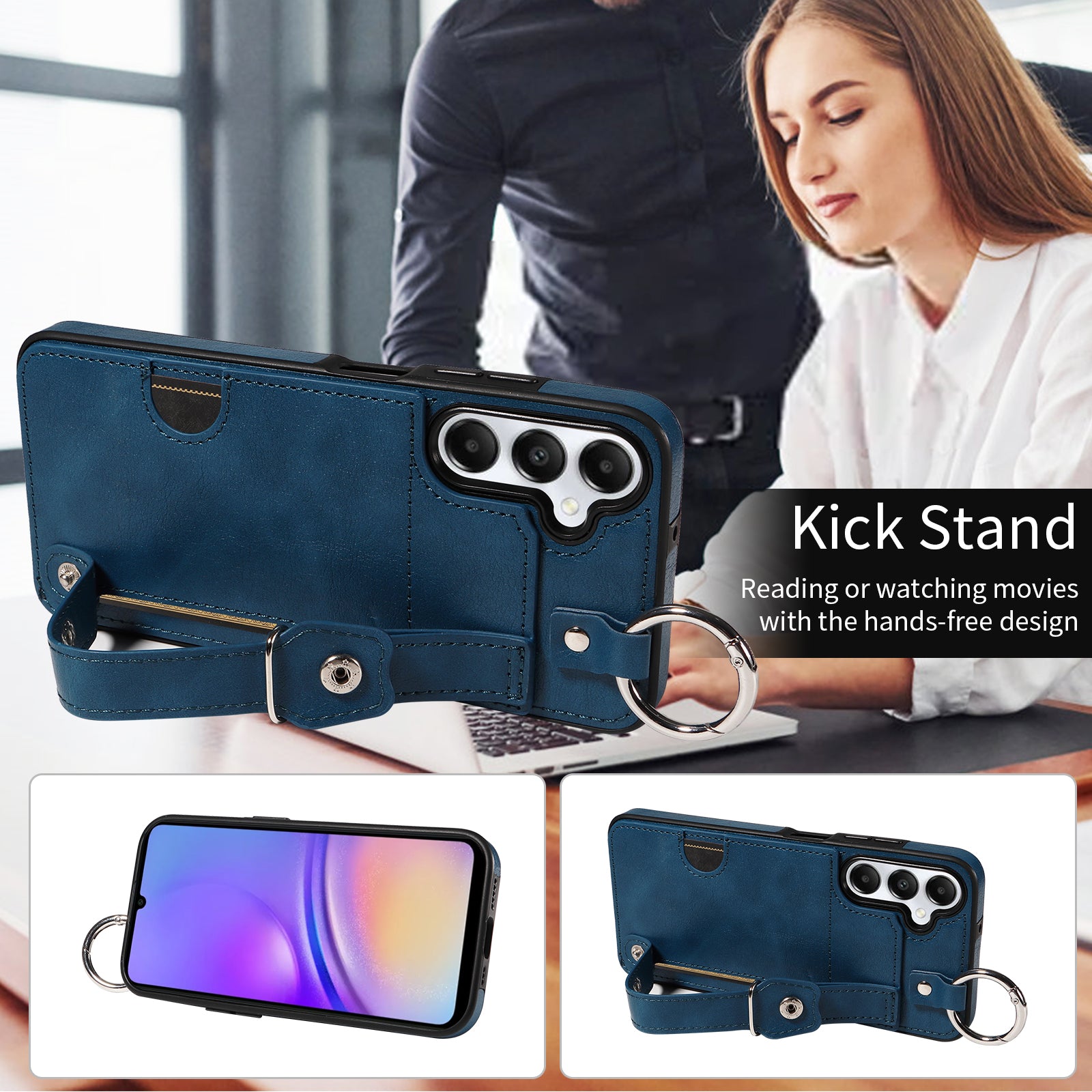 008 For Samsung Galaxy A05s 4G Case Calf Texture Leather+TPU Mobile Phone Cover - Blue