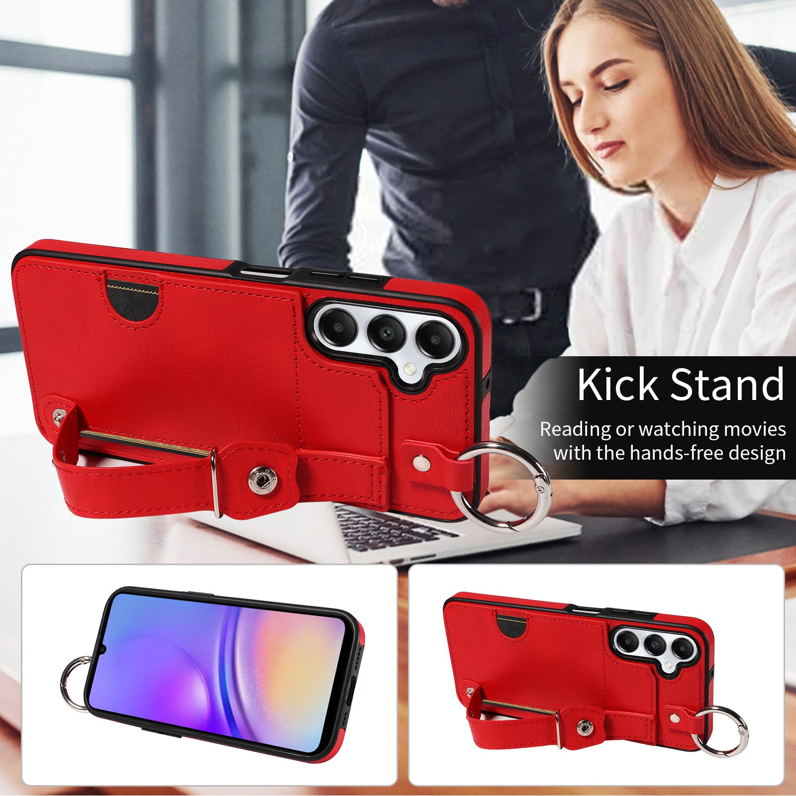 008 For Samsung Galaxy A05s 4G Case Calf Texture Leather+TPU Mobile Phone Cover - Red