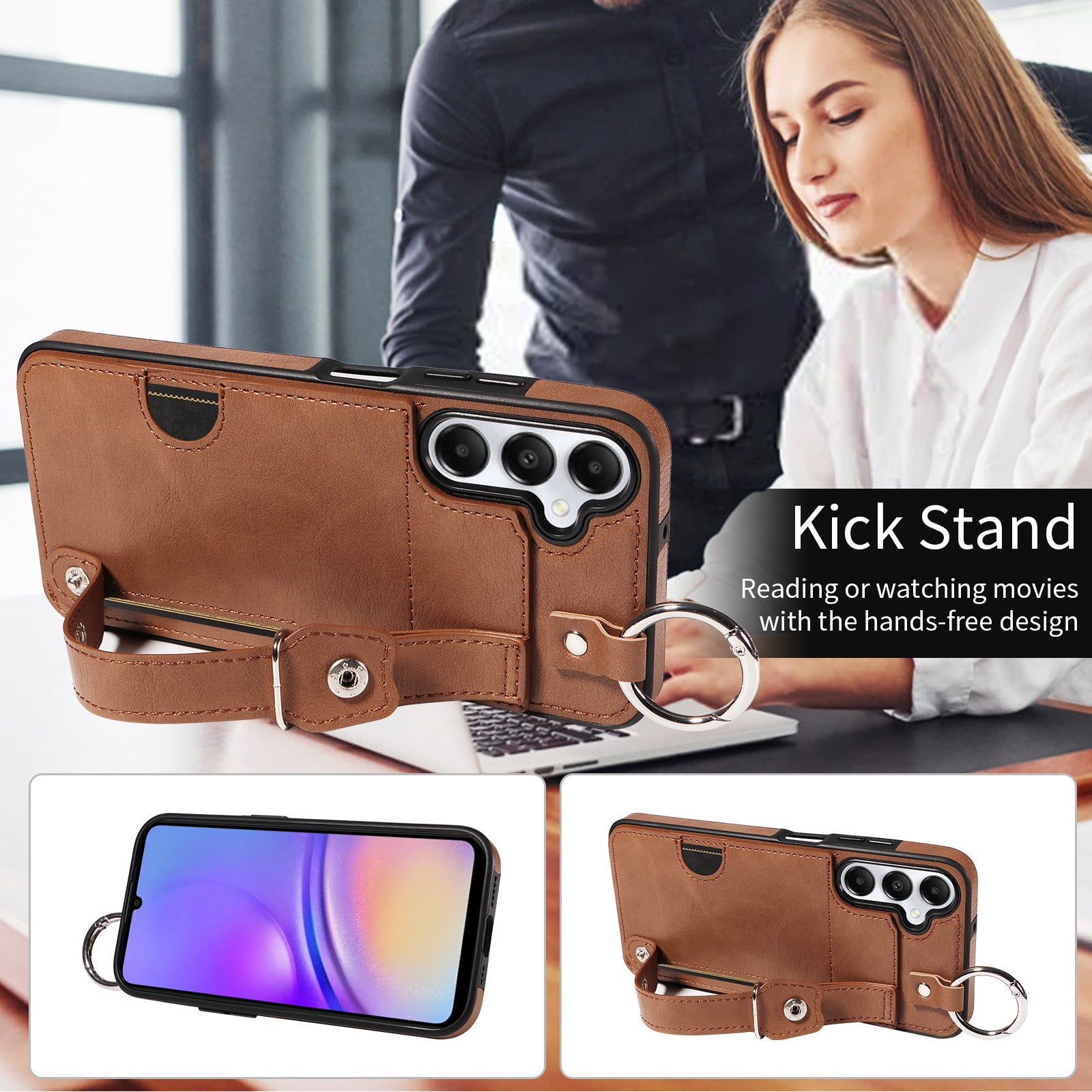 008 For Samsung Galaxy A05s 4G Case Calf Texture Leather+TPU Mobile Phone Cover - Brown