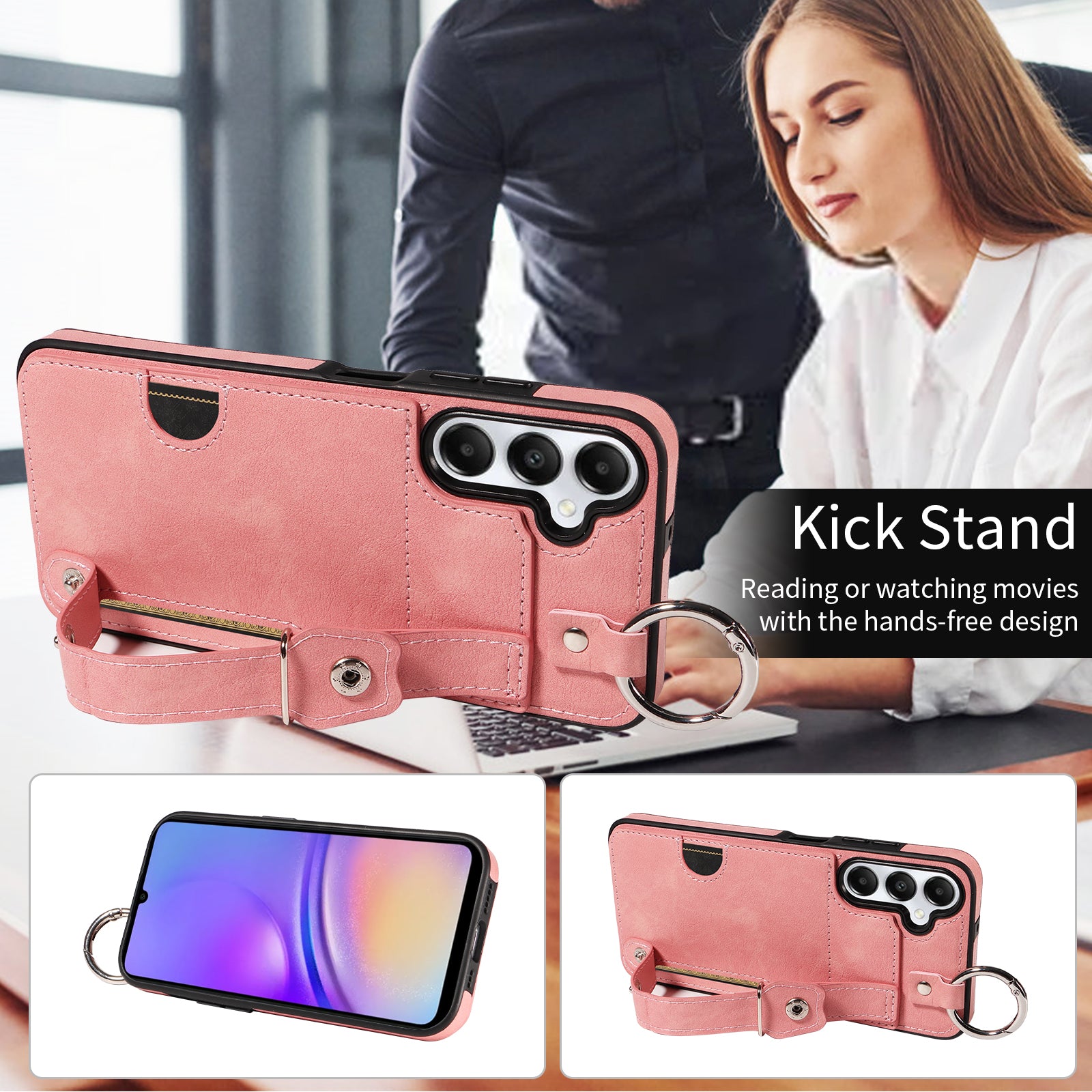 008 For Samsung Galaxy A05s 4G Case Calf Texture Leather+TPU Mobile Phone Cover - Pink