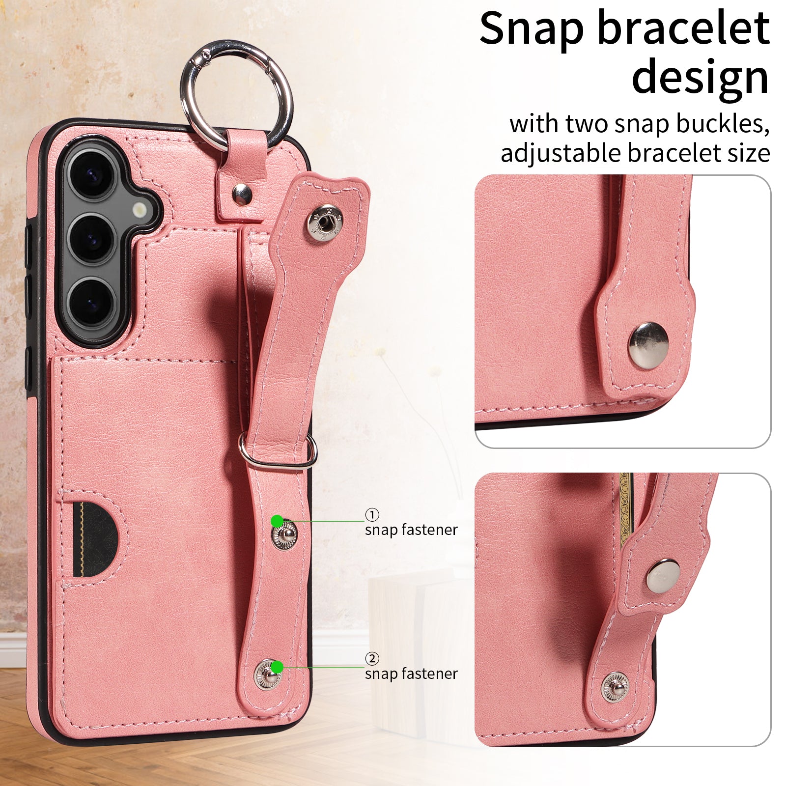 008 For Samsung Galaxy S24+ Case with Wristband Strap Leather+TPU Anti Drop Phone Cover - Pink