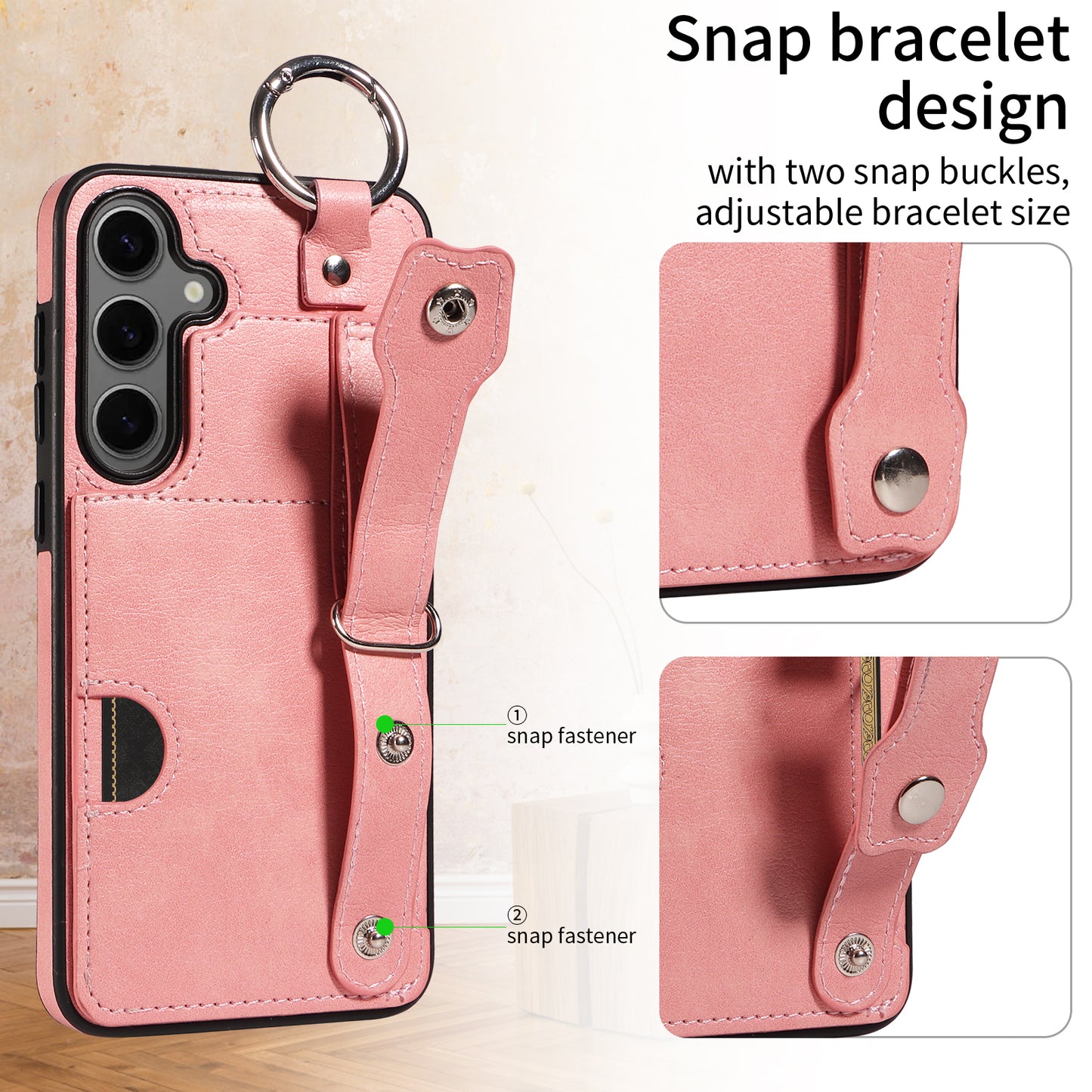 008 For Samsung Galaxy S24+ Case with Wristband Strap Leather+TPU Anti Drop Phone Cover - Pink