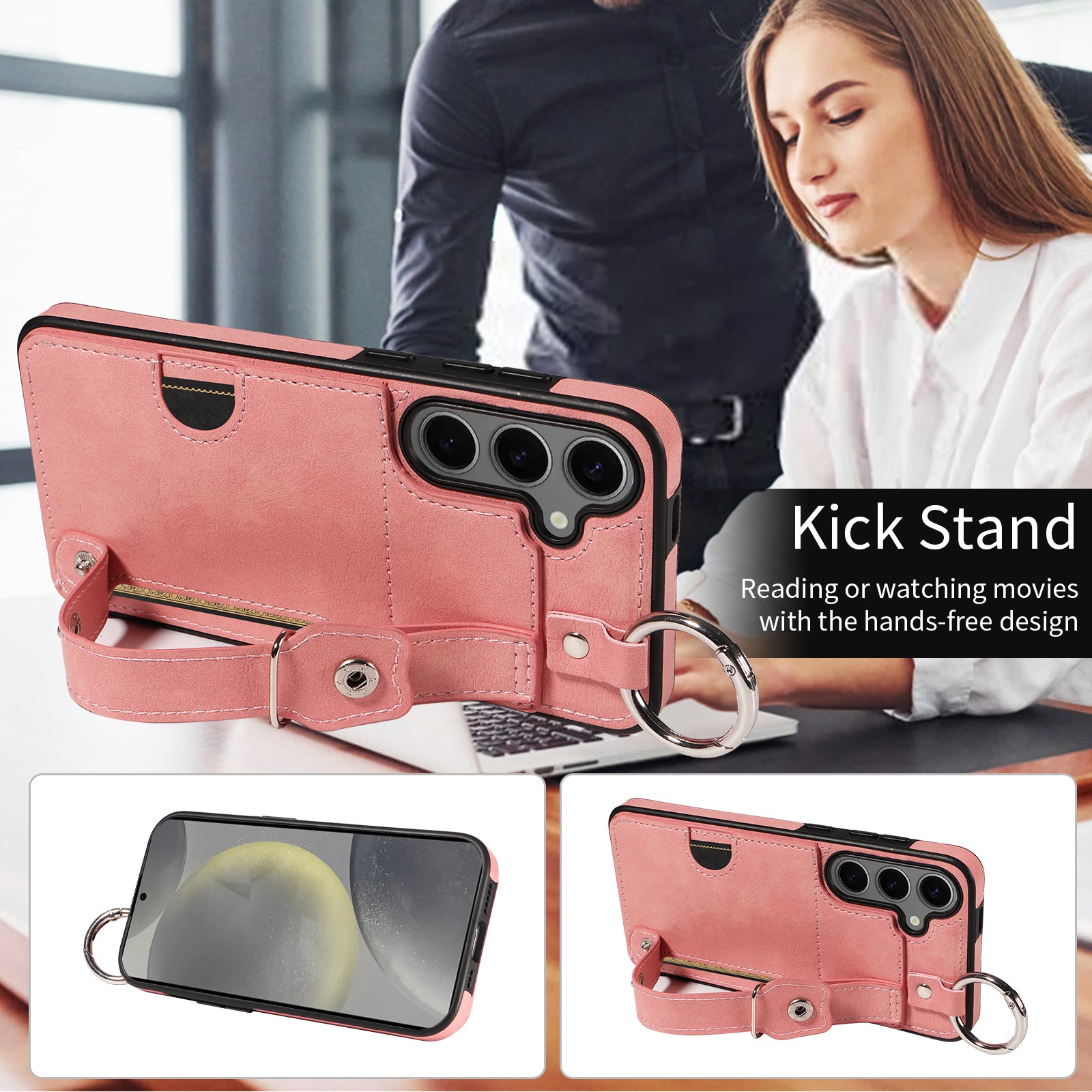 008 For Samsung Galaxy S24+ Case with Wristband Strap Leather+TPU Anti Drop Phone Cover - Pink