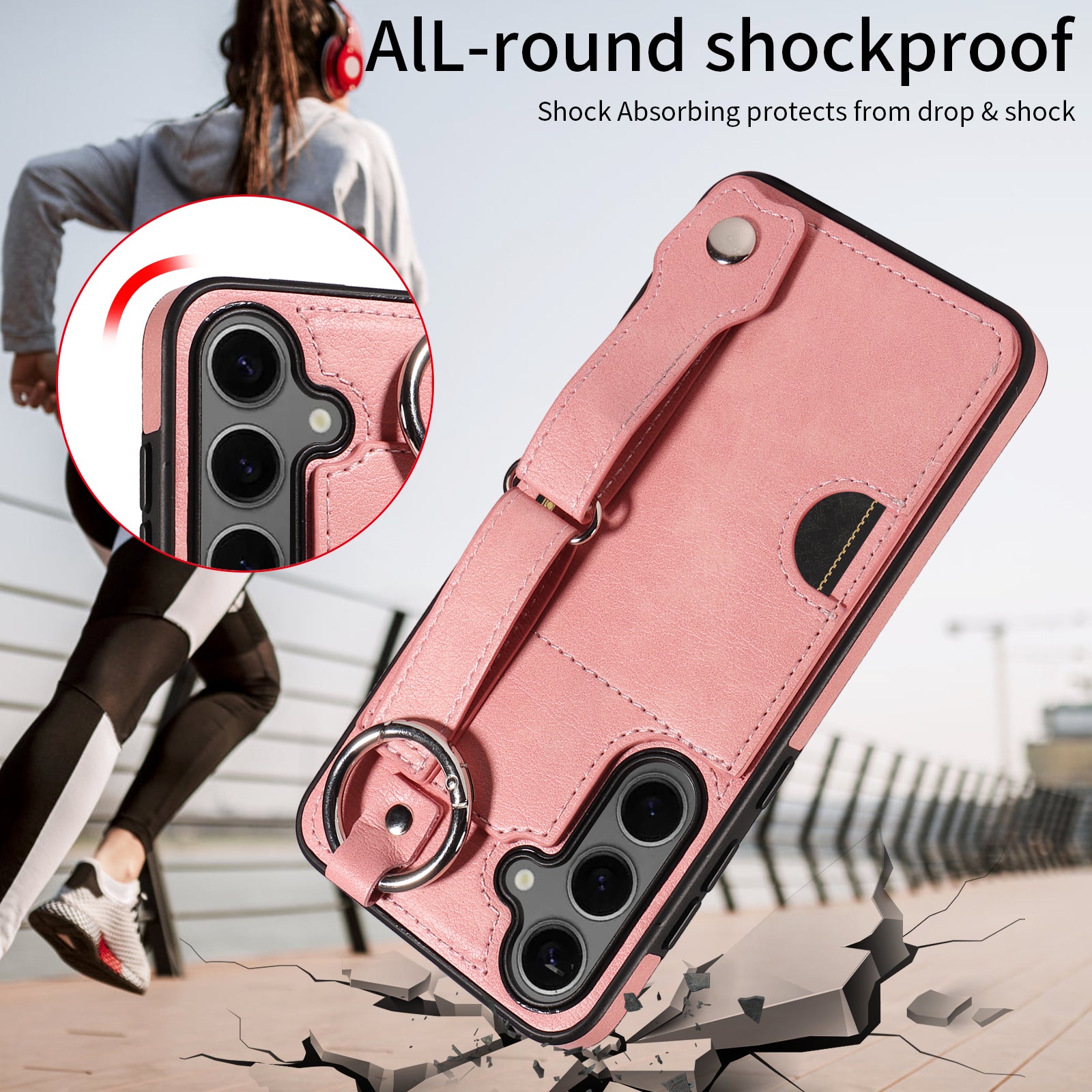 008 For Samsung Galaxy S24+ Case with Wristband Strap Leather+TPU Anti Drop Phone Cover - Pink