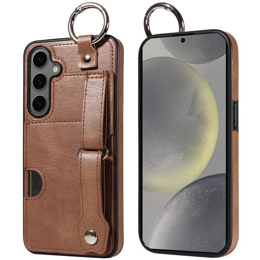 008 For Samsung Galaxy S24+ Case with Wristband Strap Leather+TPU Anti Drop Phone Cover - Brown