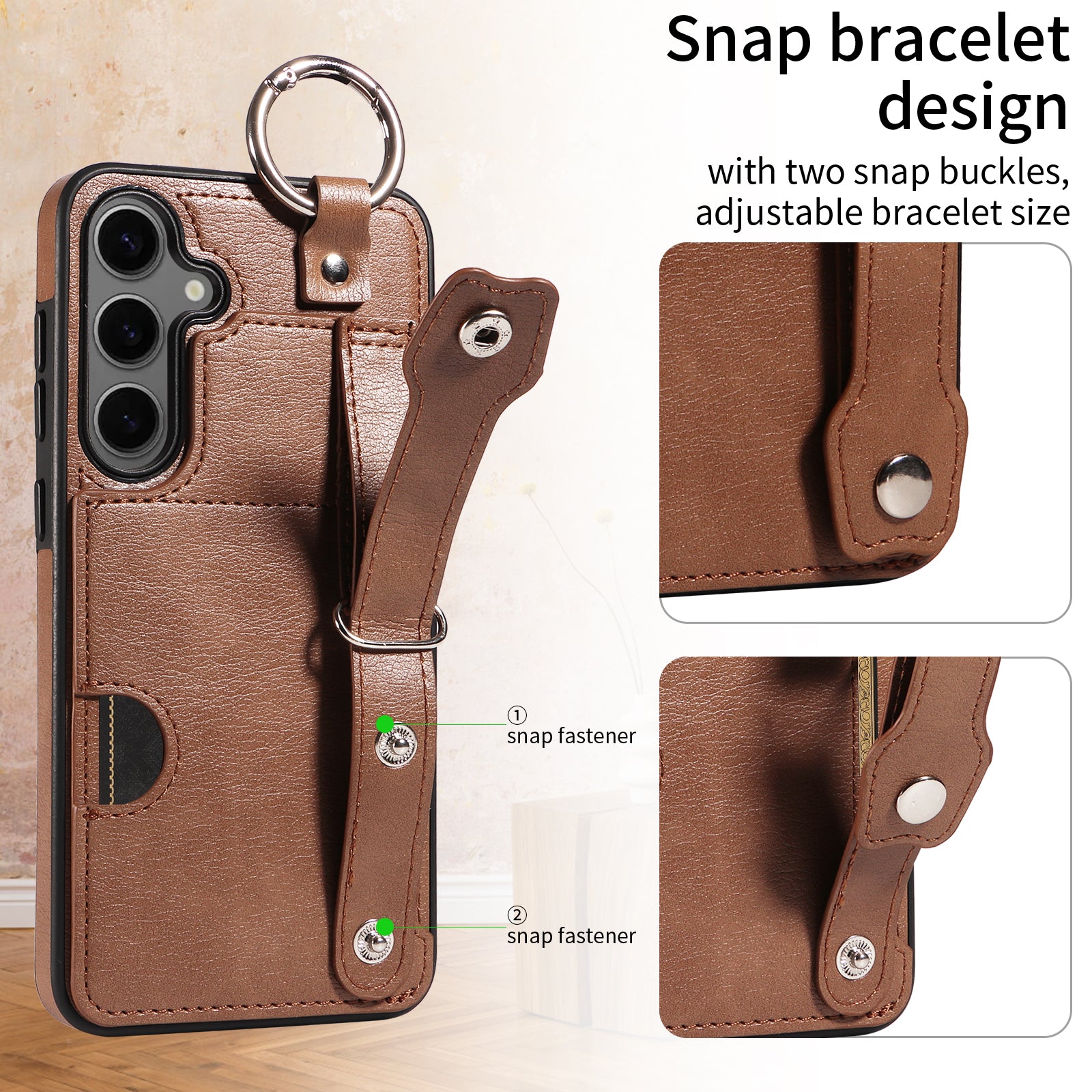 008 For Samsung Galaxy S24+ Case with Wristband Strap Leather+TPU Anti Drop Phone Cover - Brown