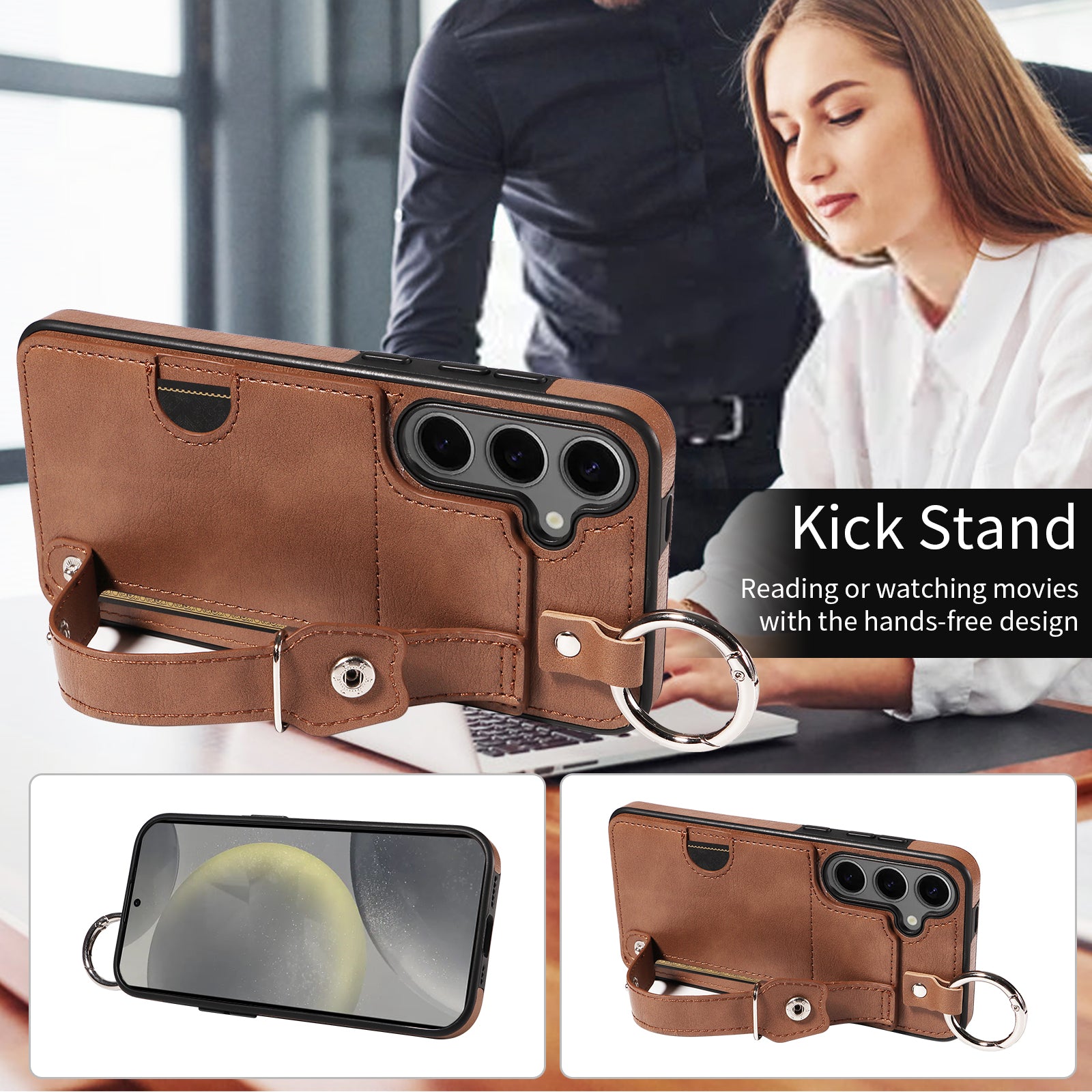008 For Samsung Galaxy S24+ Case with Wristband Strap Leather+TPU Anti Drop Phone Cover - Brown