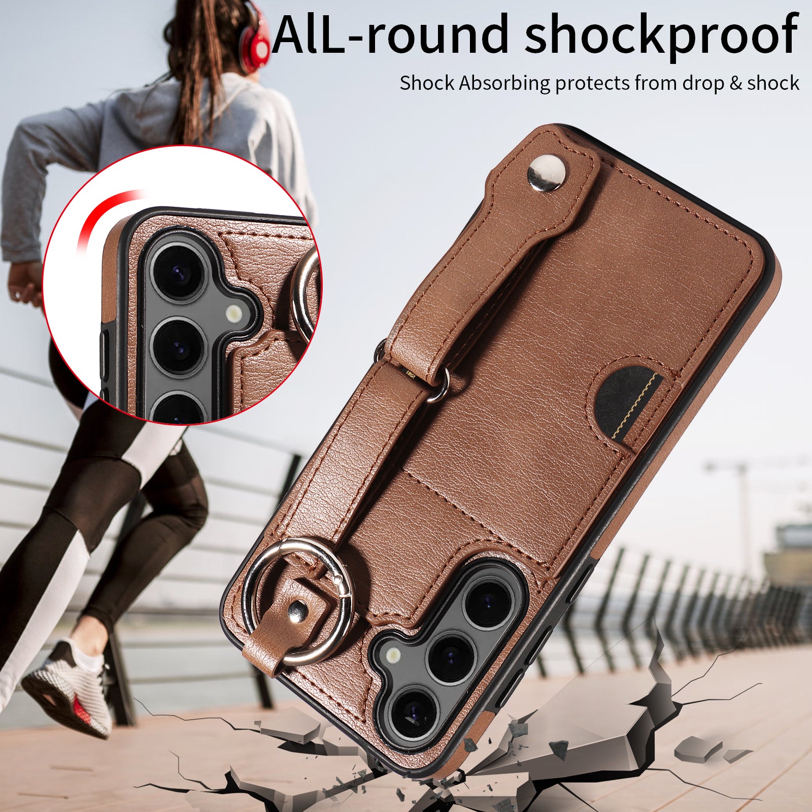 008 For Samsung Galaxy S24+ Case with Wristband Strap Leather+TPU Anti Drop Phone Cover - Brown