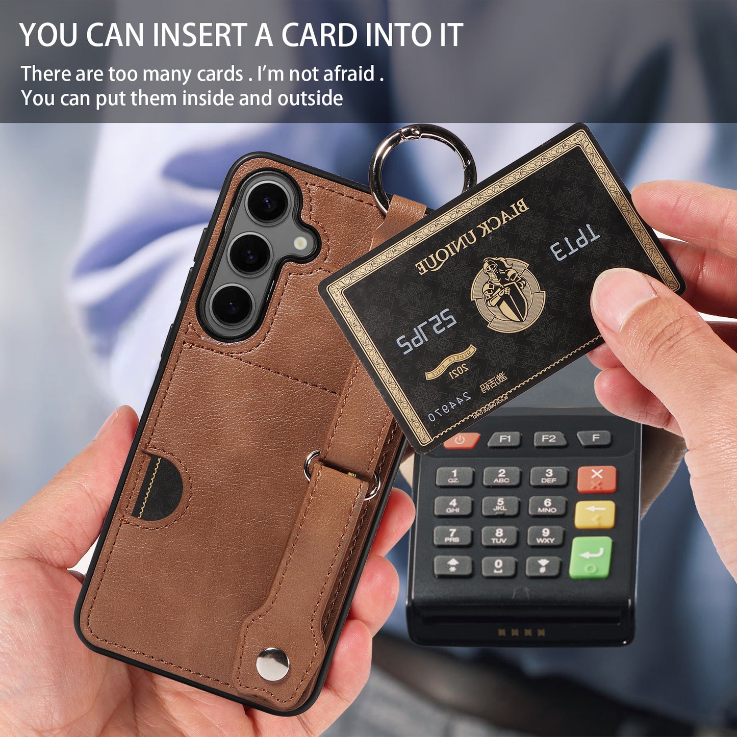 008 For Samsung Galaxy S24+ Case with Wristband Strap Leather+TPU Anti Drop Phone Cover - Brown