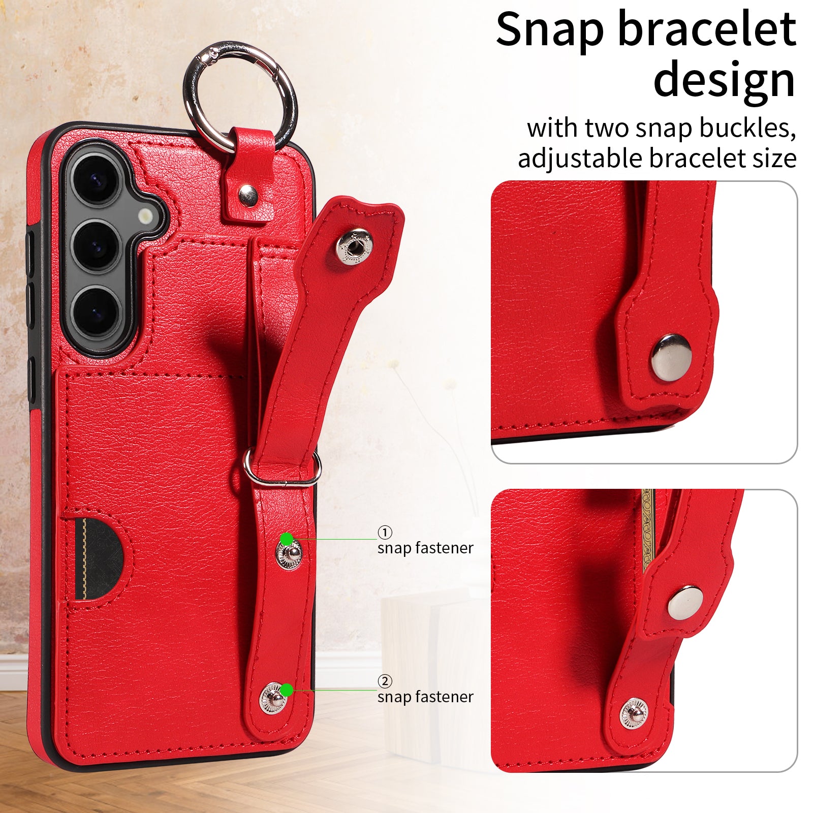 008 For Samsung Galaxy S24+ Case with Wristband Strap Leather+TPU Anti Drop Phone Cover - Red