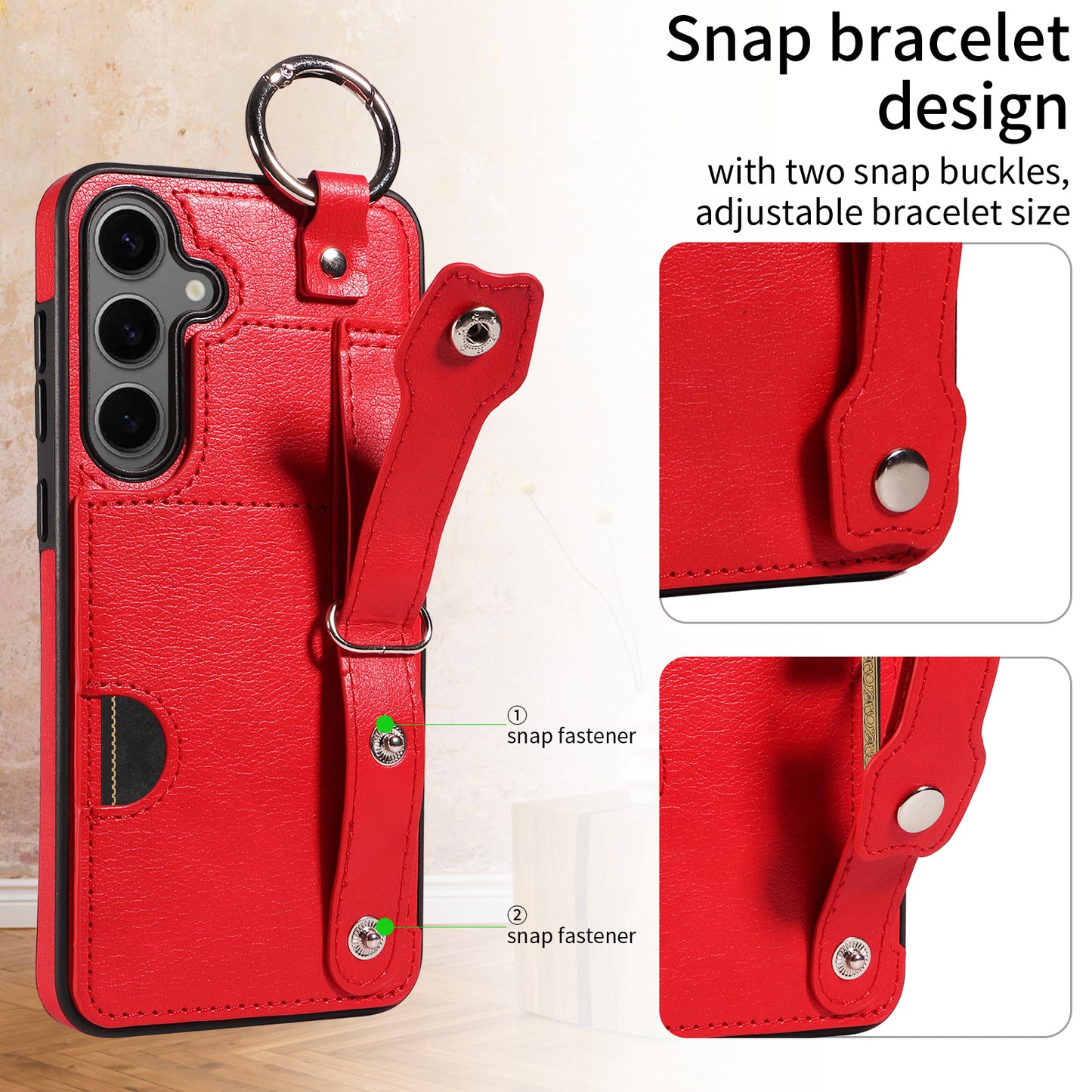 008 For Samsung Galaxy S24+ Case with Wristband Strap Leather+TPU Anti Drop Phone Cover - Red