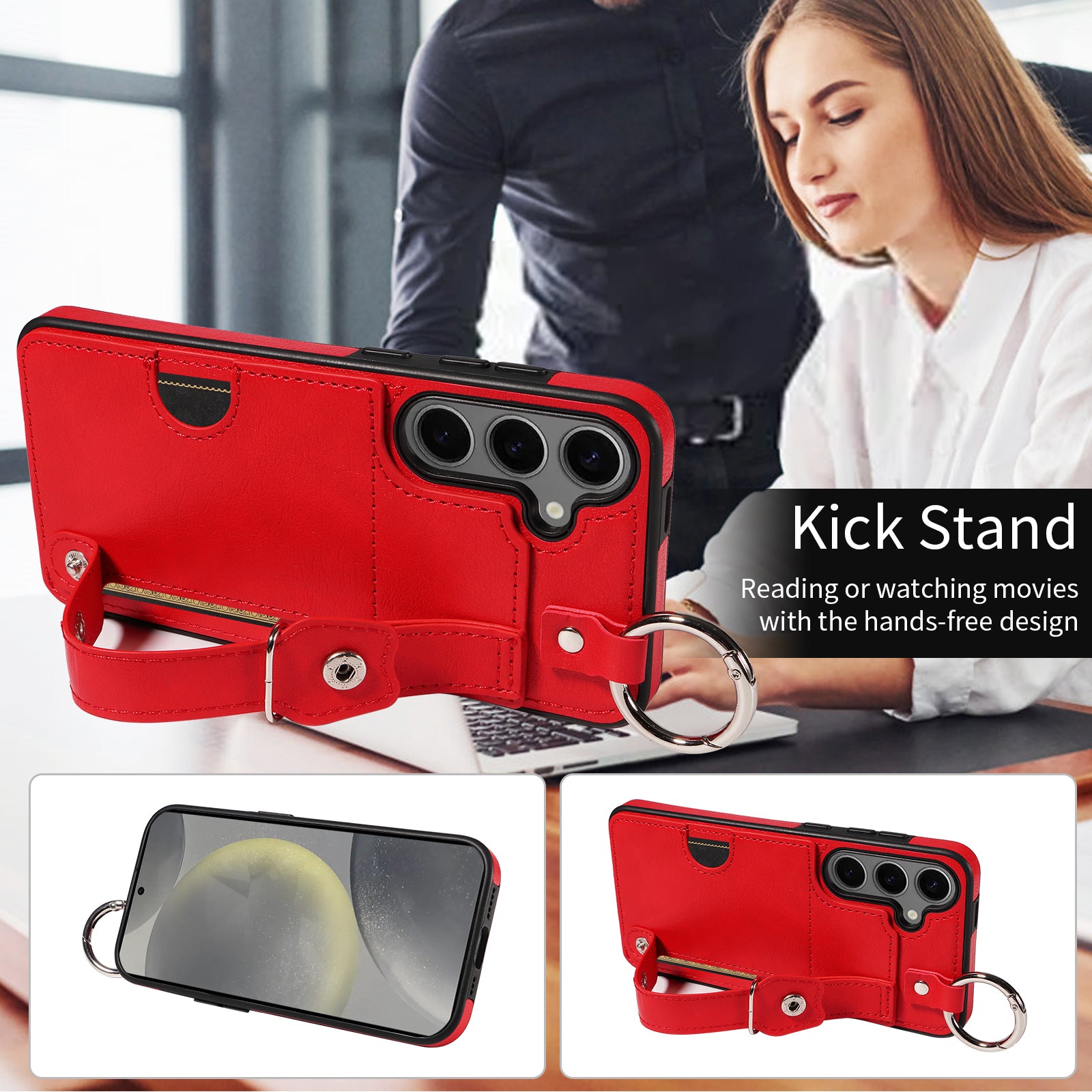 008 For Samsung Galaxy S24+ Case with Wristband Strap Leather+TPU Anti Drop Phone Cover - Red