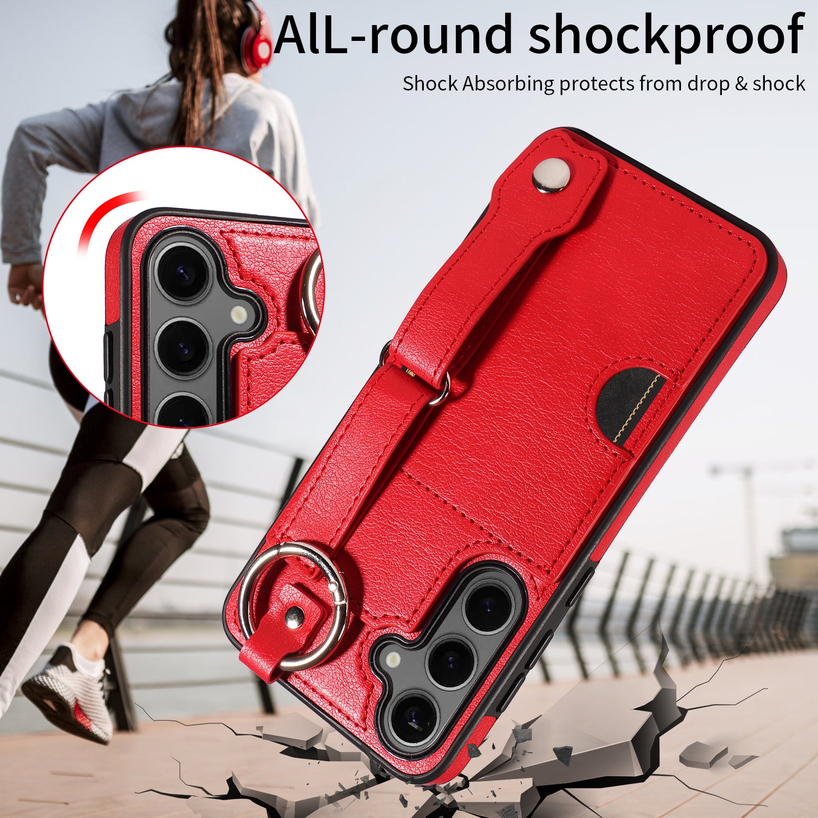 008 For Samsung Galaxy S24+ Case with Wristband Strap Leather+TPU Anti Drop Phone Cover - Red