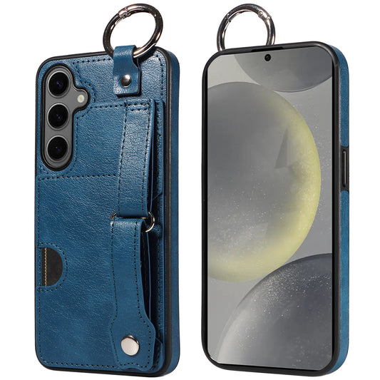 008 For Samsung Galaxy S24+ Case with Wristband Strap Leather+TPU Anti Drop Phone Cover - Blue