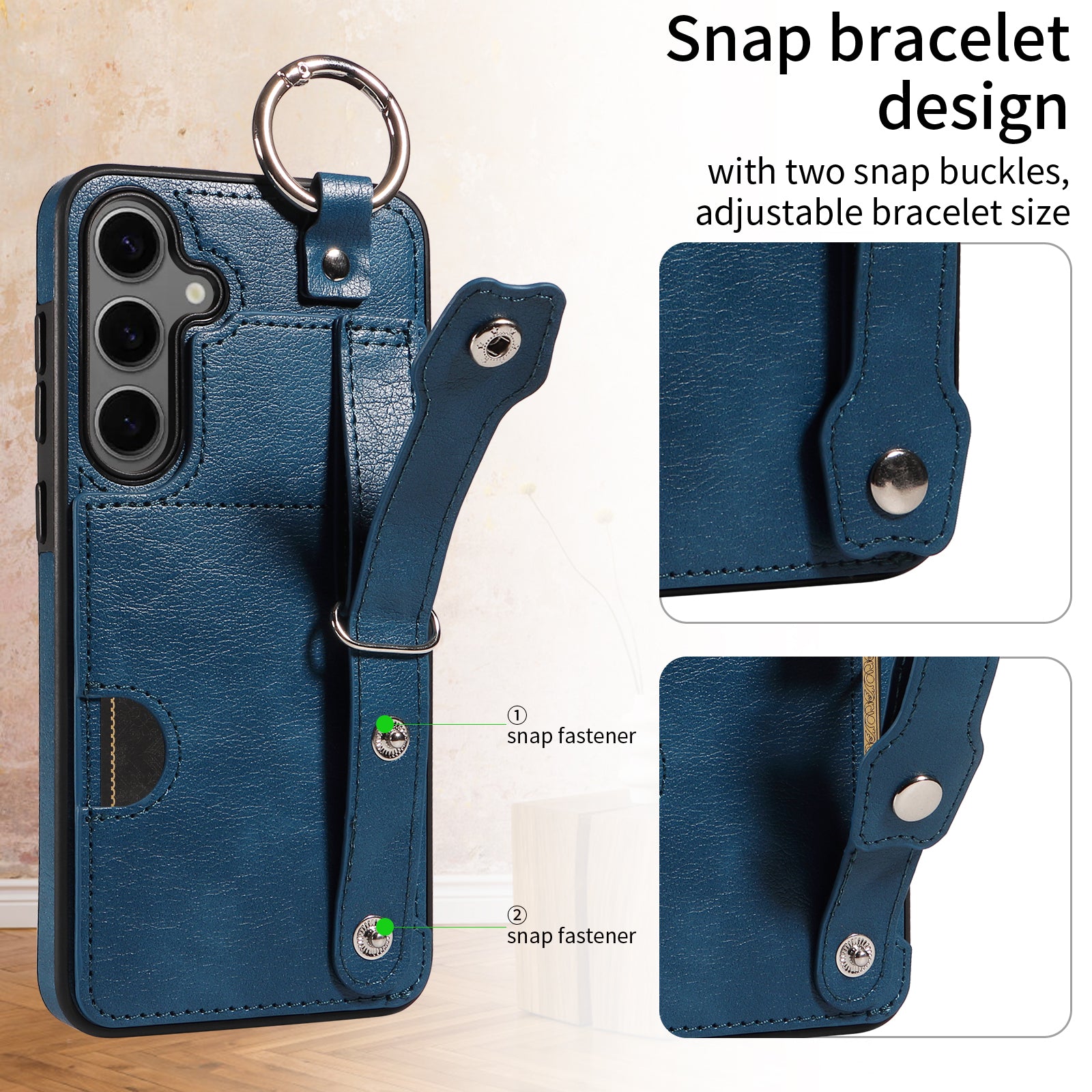 008 For Samsung Galaxy S24+ Case with Wristband Strap Leather+TPU Anti Drop Phone Cover - Blue