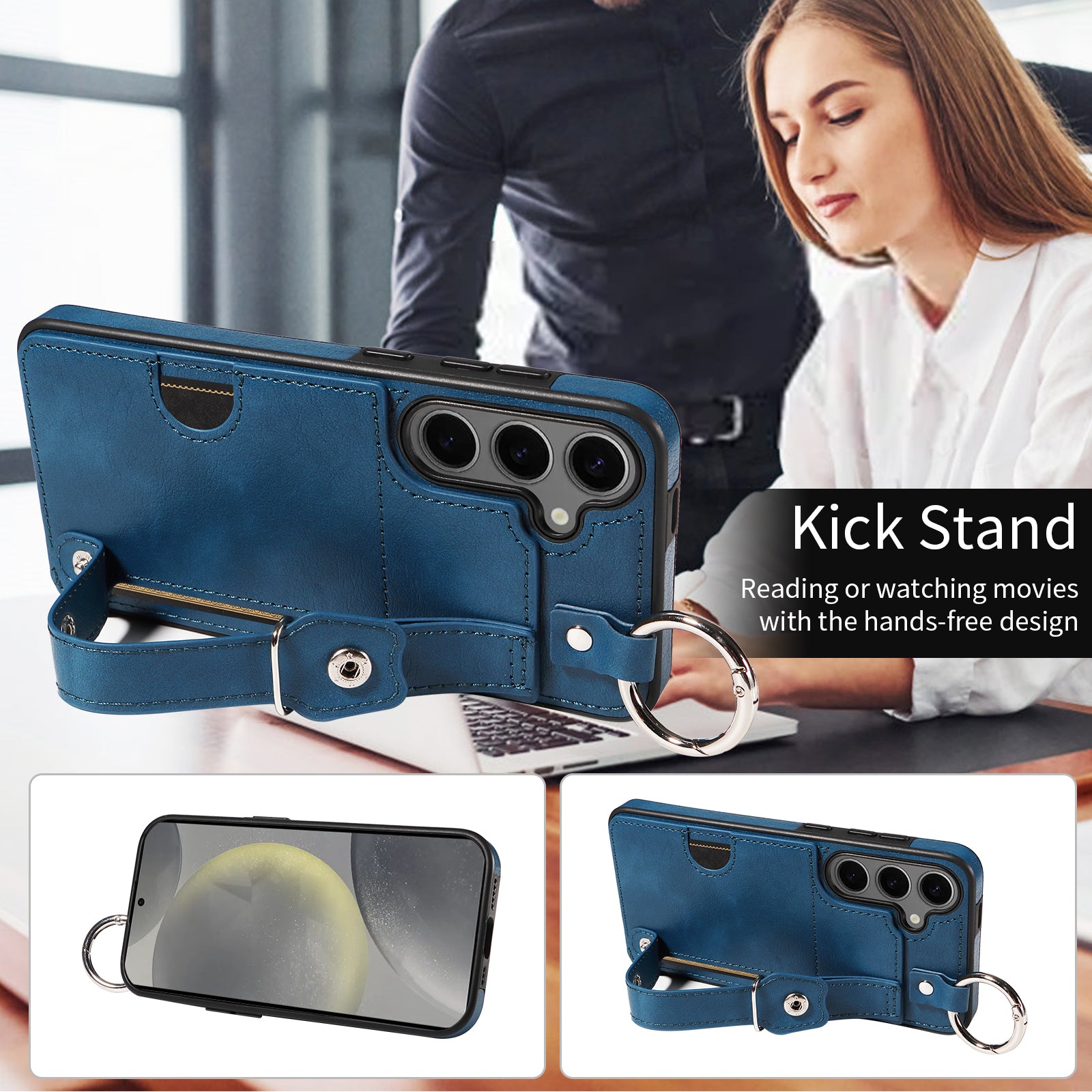 008 For Samsung Galaxy S24+ Case with Wristband Strap Leather+TPU Anti Drop Phone Cover - Blue