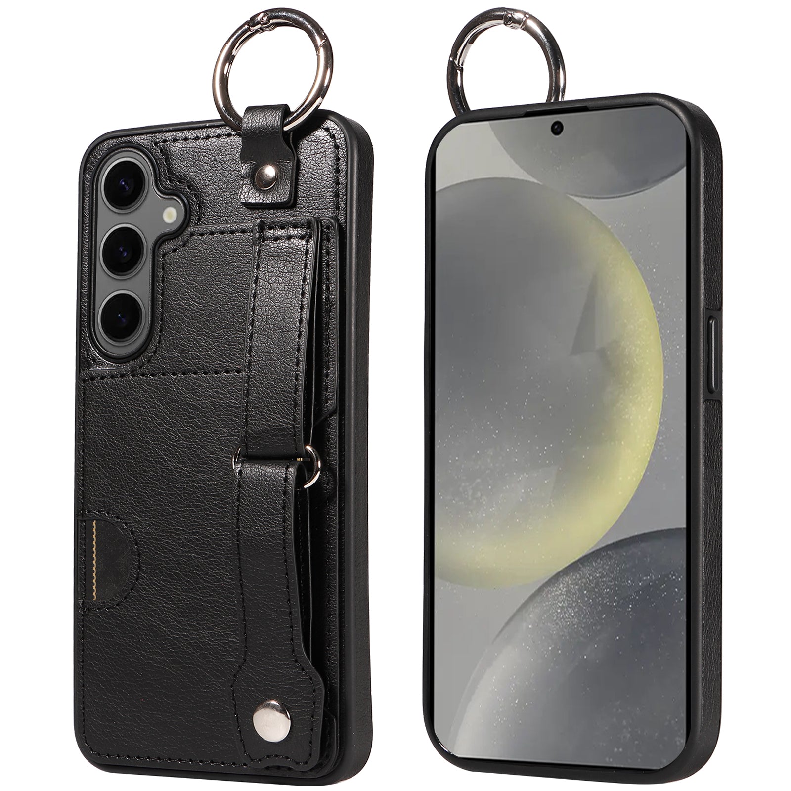 008 For Samsung Galaxy S24+ Case with Wristband Strap Leather+TPU Anti Drop Phone Cover - Black