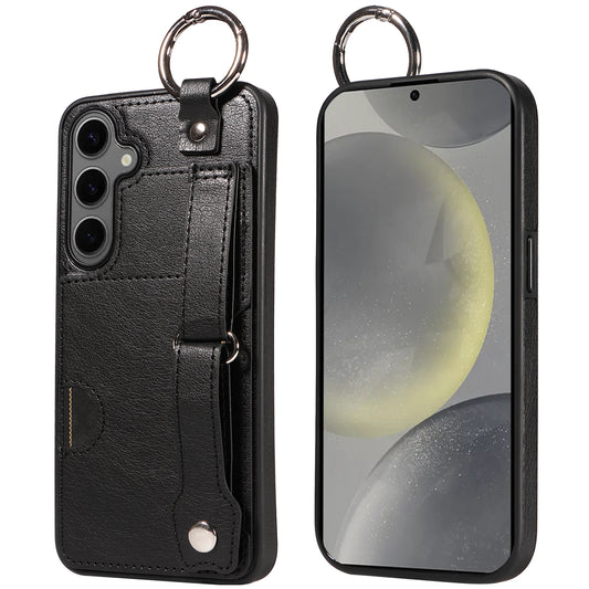 008 For Samsung Galaxy S24+ Case with Wristband Strap Leather+TPU Anti Drop Phone Cover - Black