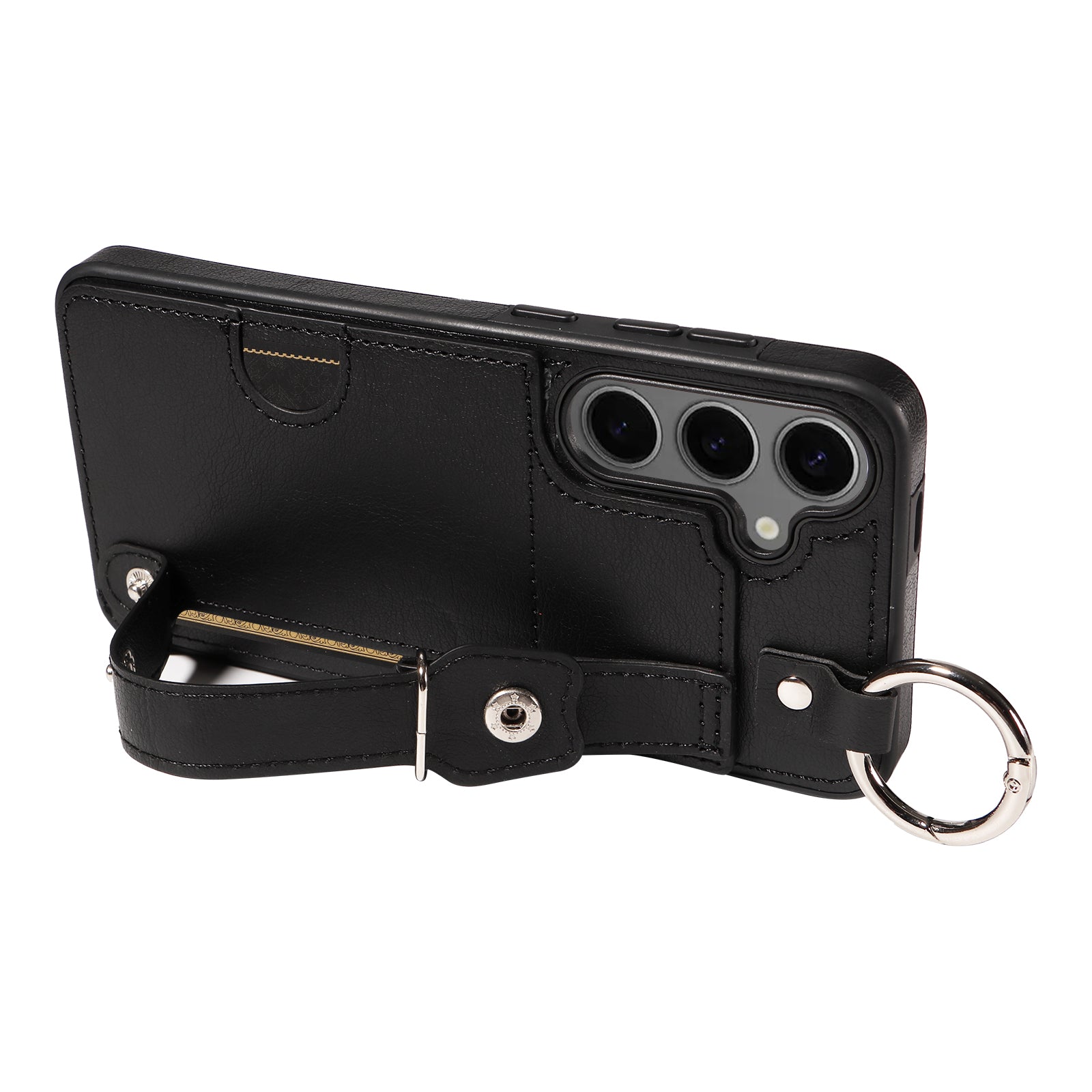 008 For Samsung Galaxy S24+ Case with Wristband Strap Leather+TPU Anti Drop Phone Cover - Black