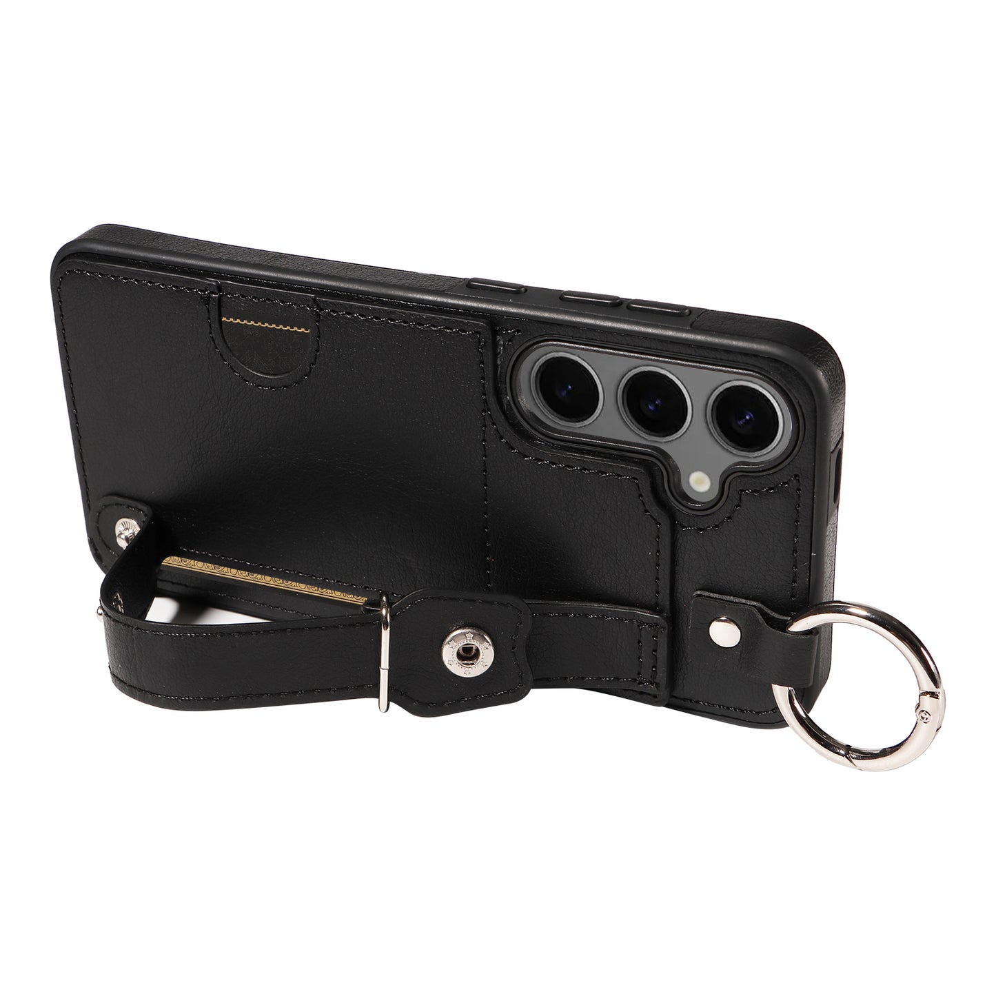 008 For Samsung Galaxy S24+ Case with Wristband Strap Leather+TPU Anti Drop Phone Cover - Black