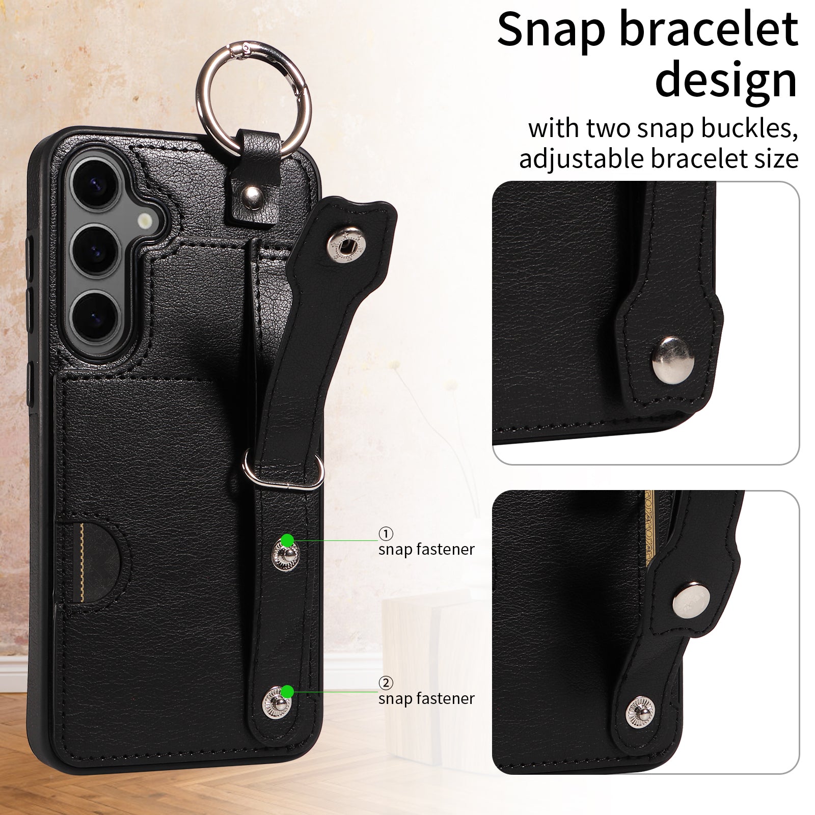 008 For Samsung Galaxy S24+ Case with Wristband Strap Leather+TPU Anti Drop Phone Cover - Black