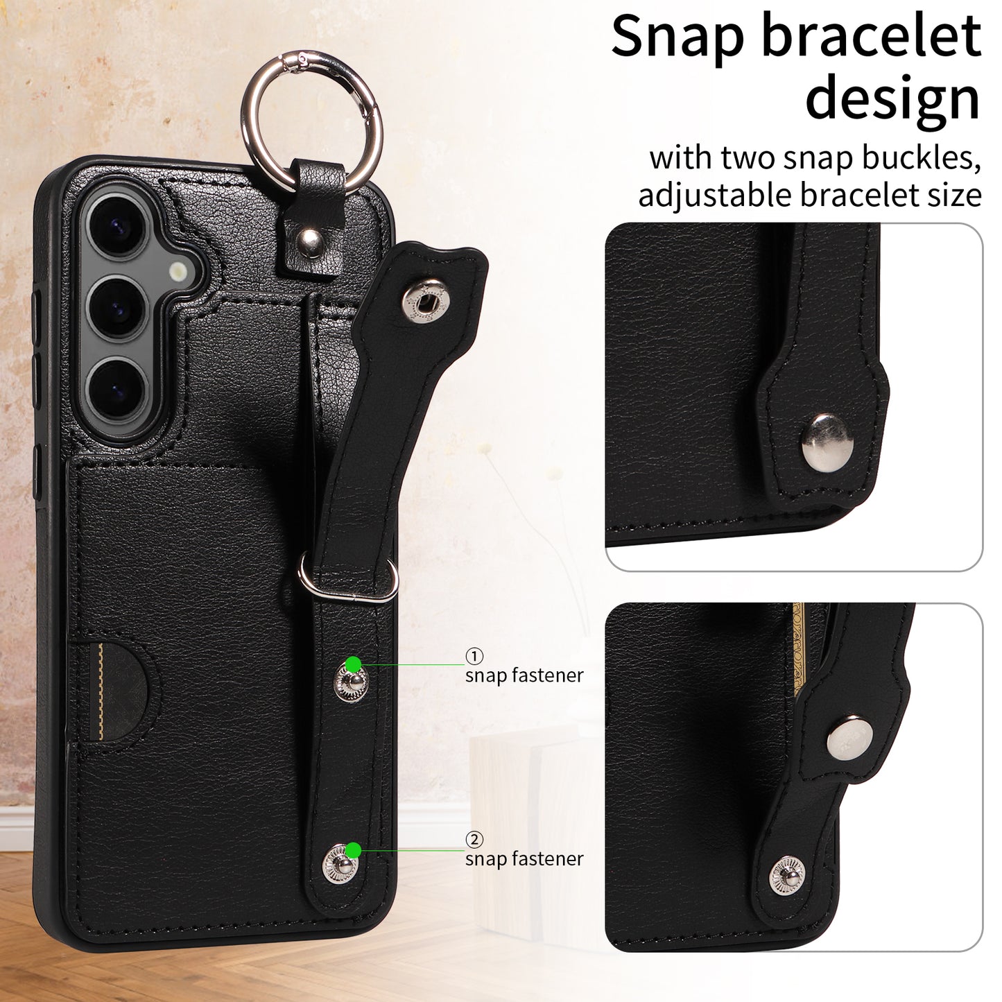 008 For Samsung Galaxy S24+ Case with Wristband Strap Leather+TPU Anti Drop Phone Cover - Black