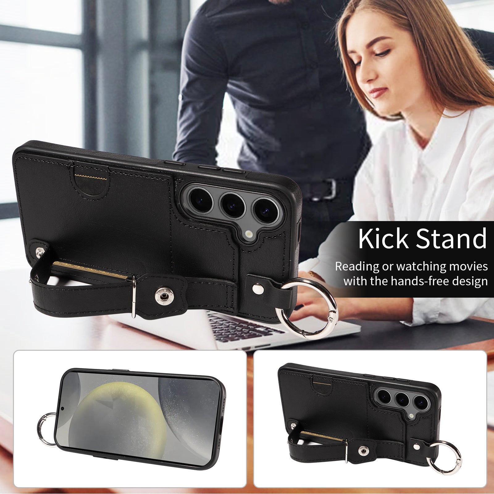 008 For Samsung Galaxy S24+ Case with Wristband Strap Leather+TPU Anti Drop Phone Cover - Black