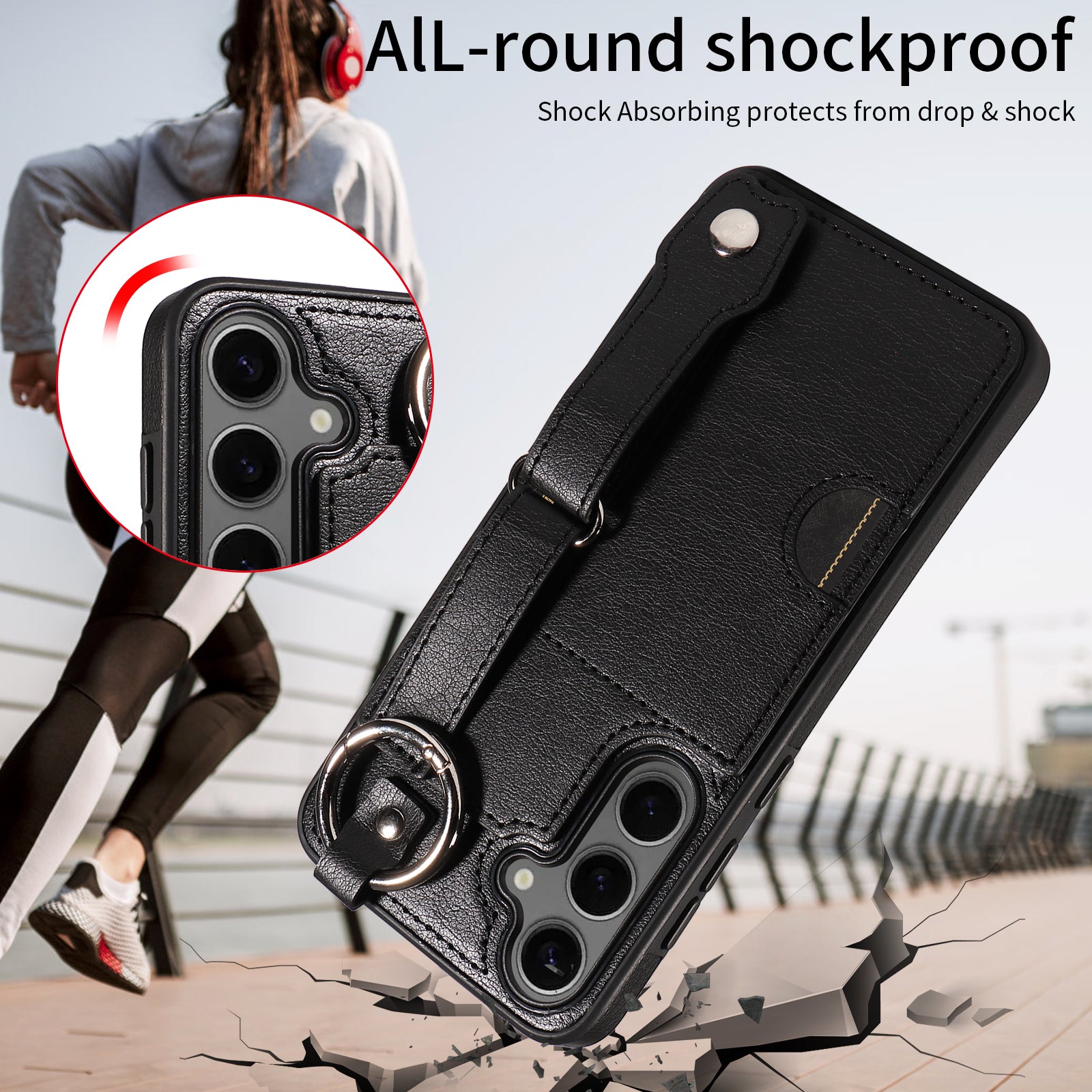 008 For Samsung Galaxy S24+ Case with Wristband Strap Leather+TPU Anti Drop Phone Cover - Black