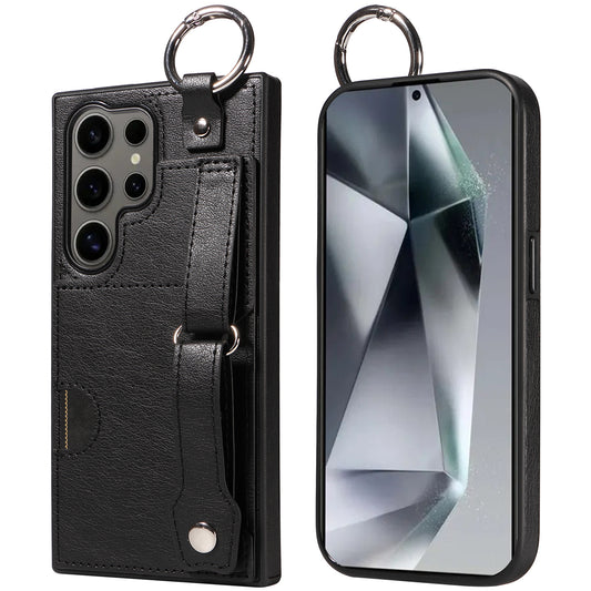 008 For Samsung Galaxy S24 Ultra Kickstand Case Leather TPU Phone Cover with Wrist Strap - Black