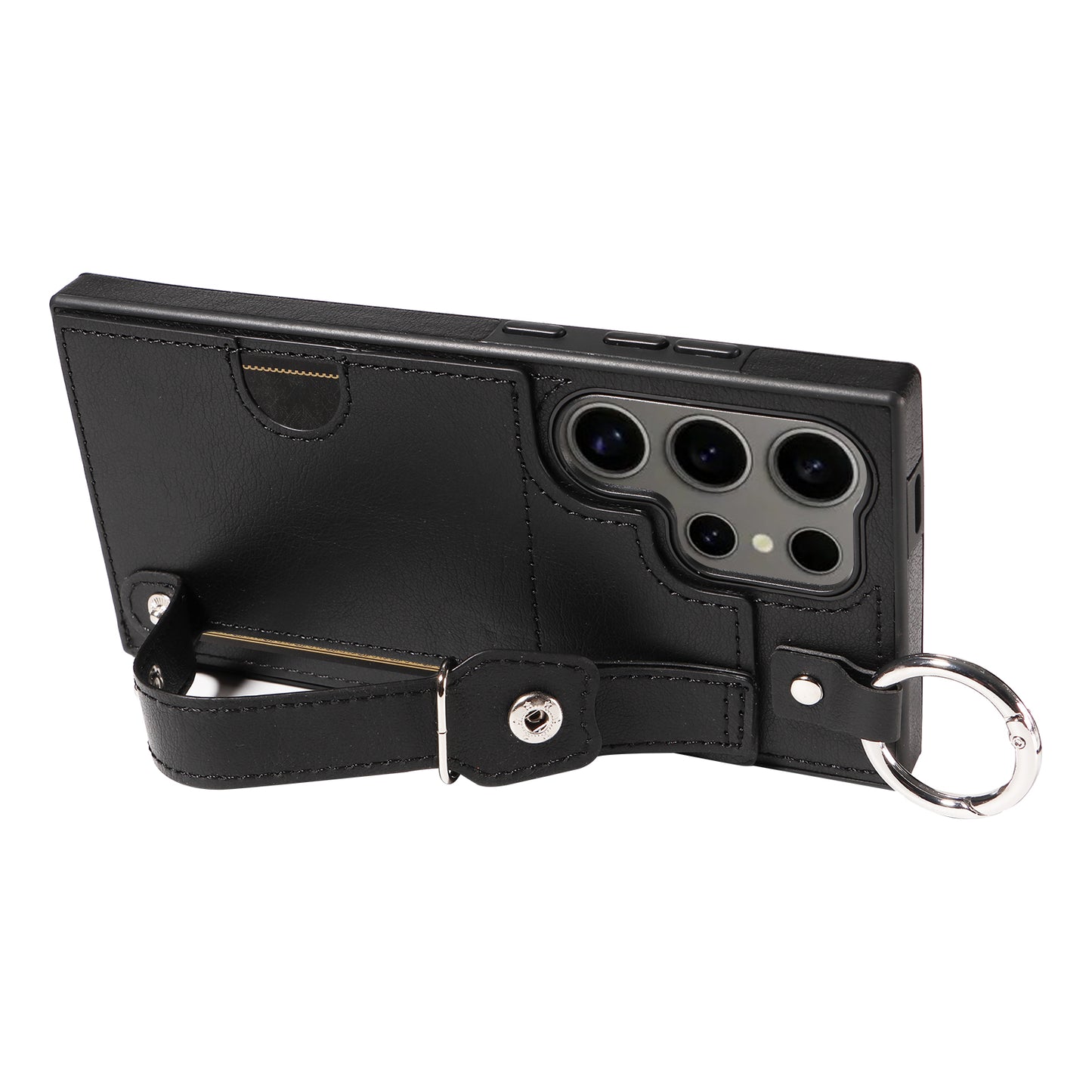 008 For Samsung Galaxy S24 Ultra Kickstand Case Leather TPU Phone Cover with Wrist Strap - Black