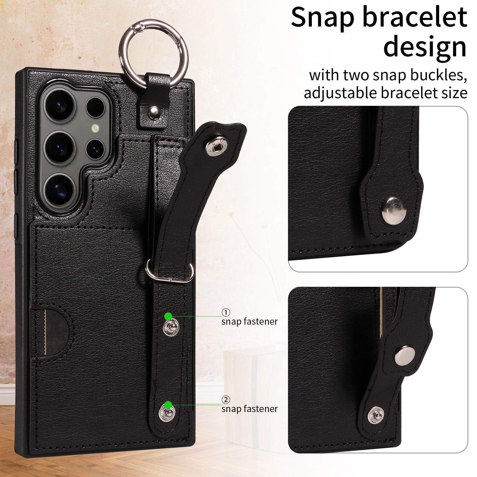 008 For Samsung Galaxy S24 Ultra Kickstand Case Leather TPU Phone Cover with Wrist Strap - Black