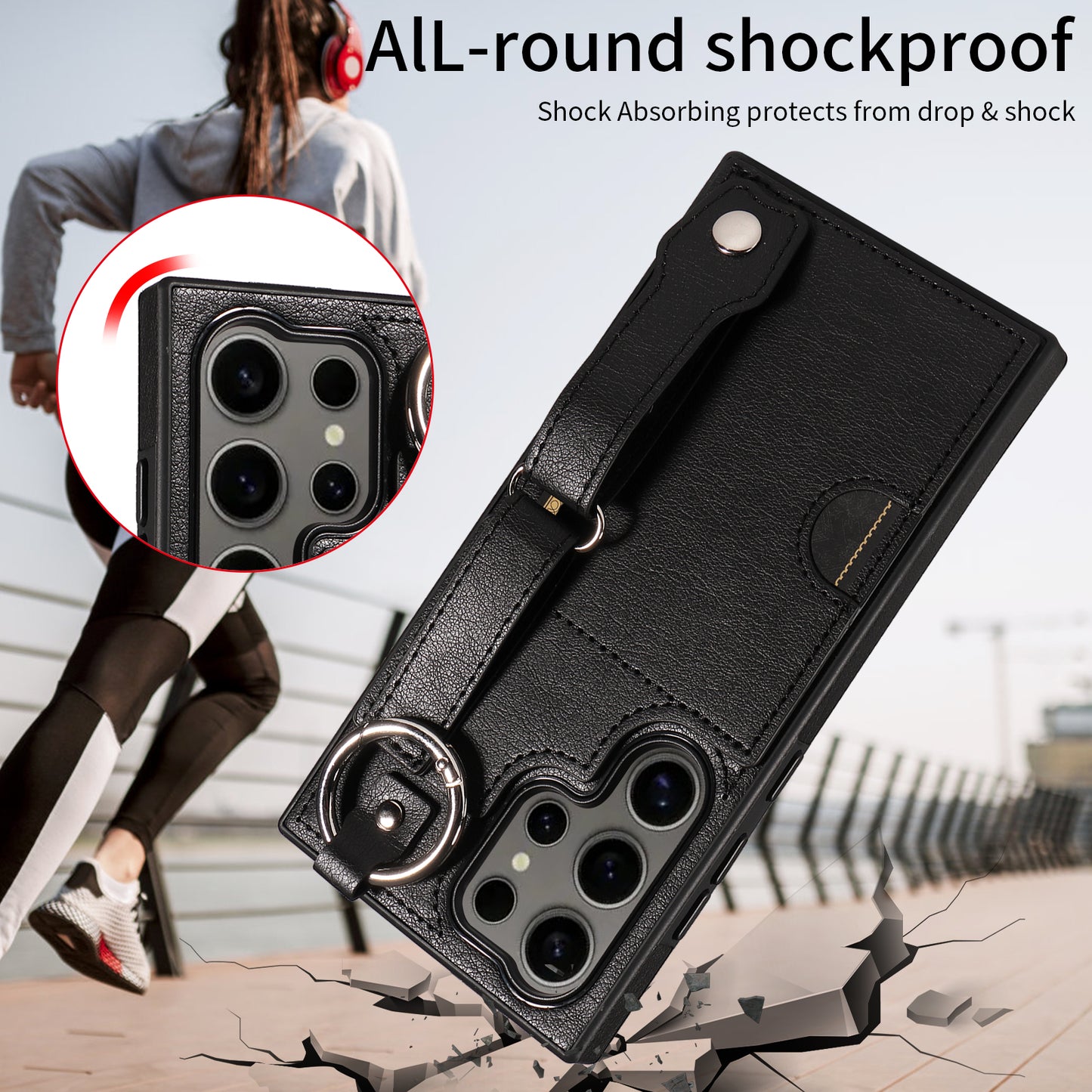 008 For Samsung Galaxy S24 Ultra Kickstand Case Leather TPU Phone Cover with Wrist Strap - Black
