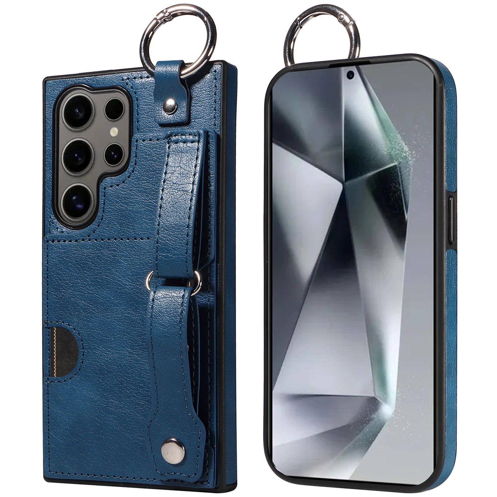 008 For Samsung Galaxy S24 Ultra Kickstand Case Leather TPU Phone Cover with Wrist Strap - Blue