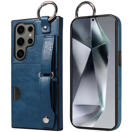 008 For Samsung Galaxy S24 Ultra Kickstand Case Leather TPU Phone Cover with Wrist Strap - Blue